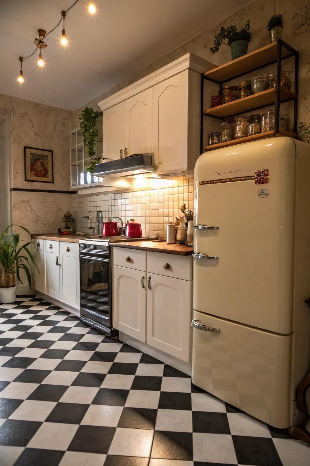 A chessboard tile layout injects a hint of vintage charm into this delightful kitchen.