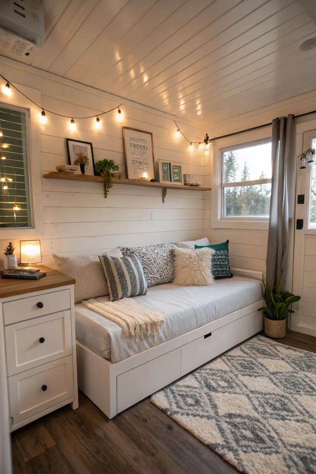A multi-use pull-out couch effortlessly turns a bedroom into a welcoming living space.