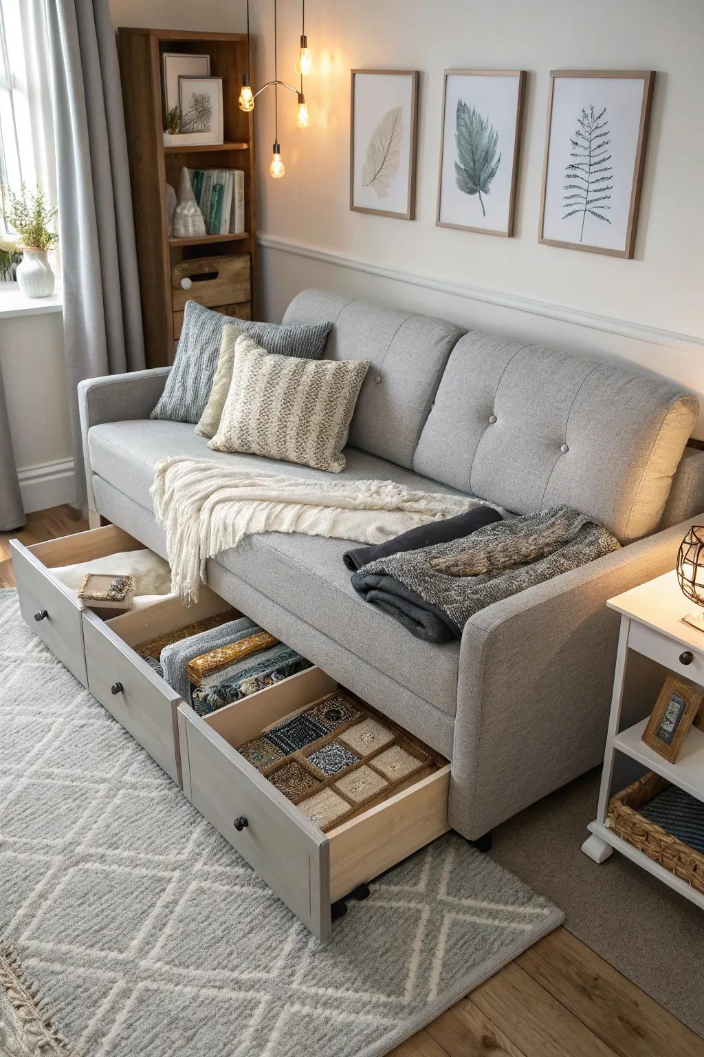 A multifunctional sofa bed with hidden storage in a tiny house living room