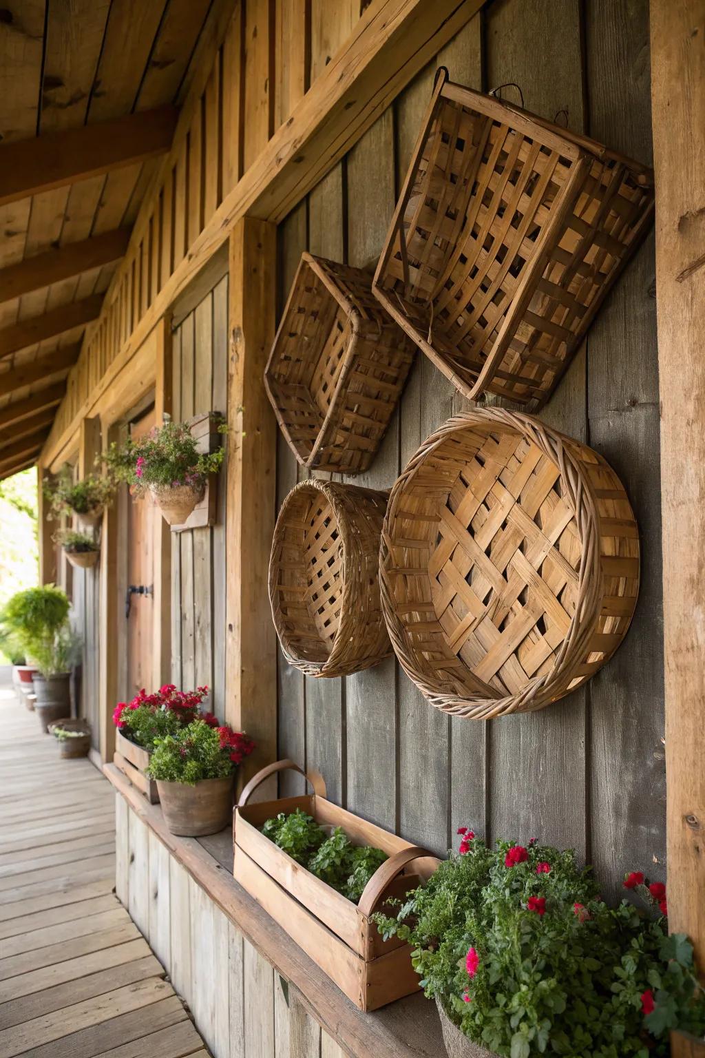 A countryside statement wall showcasing a geometric woven platter arrangement.