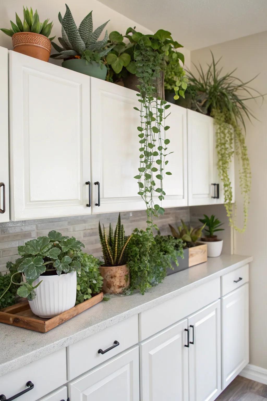 Liven up your kitchen with lush greenery above the cabinets.