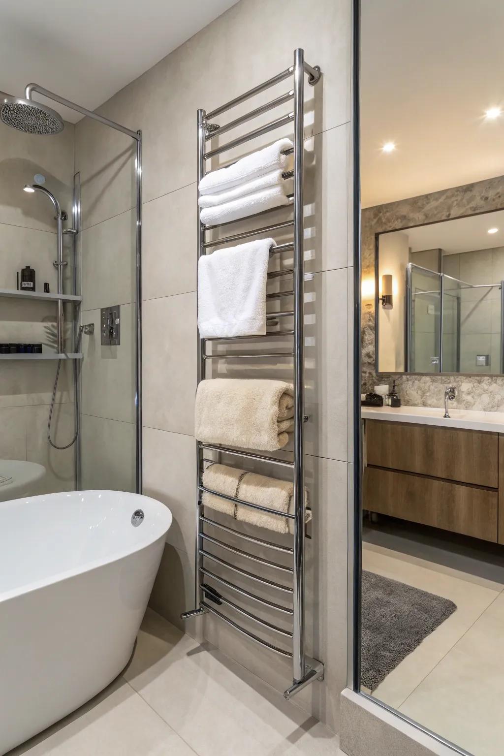 Wall-mounted racks offer a chic solution for storing towels in compact bathrooms.