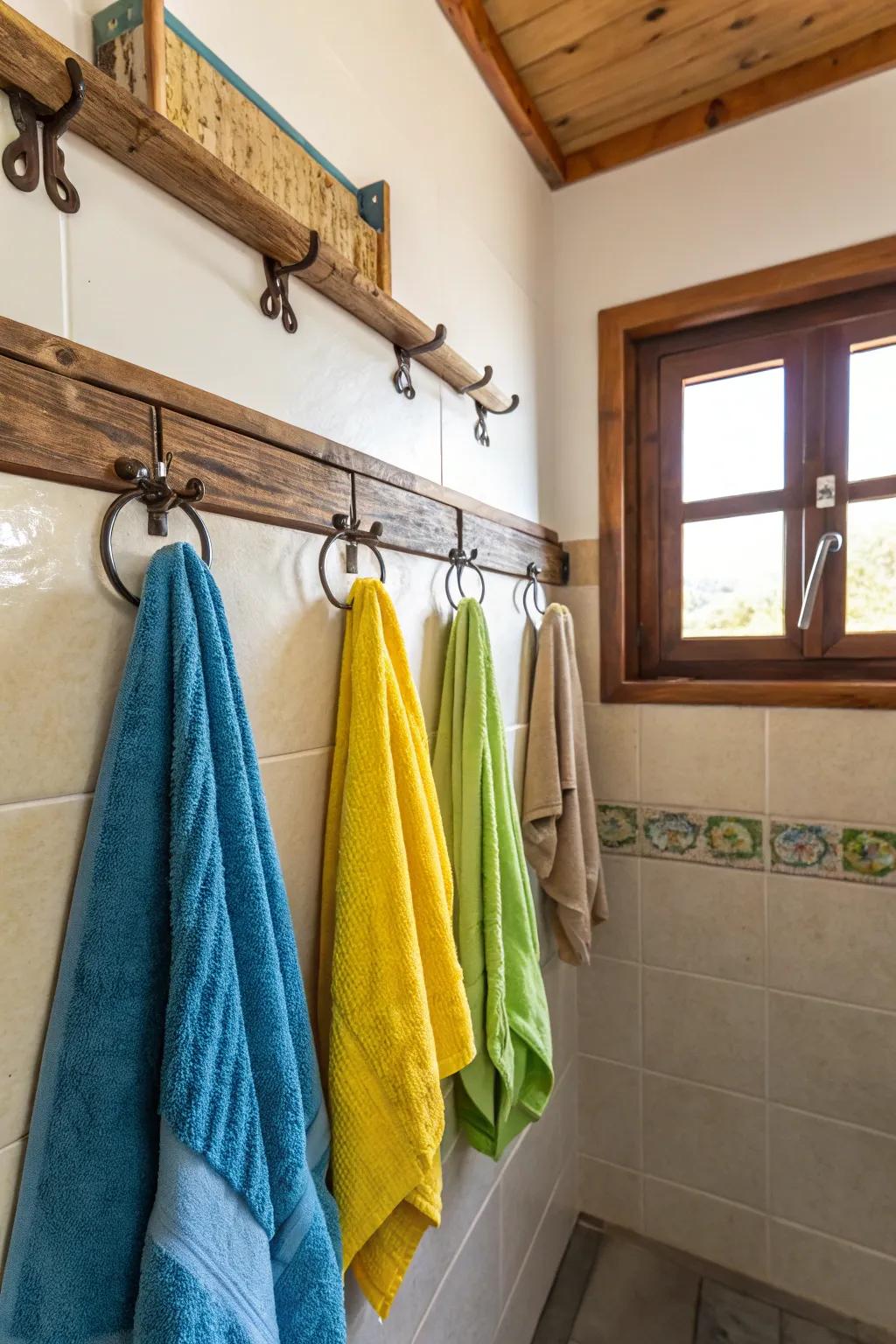 Wall-mounted hooks serve as a chic and functional option for storing towels.