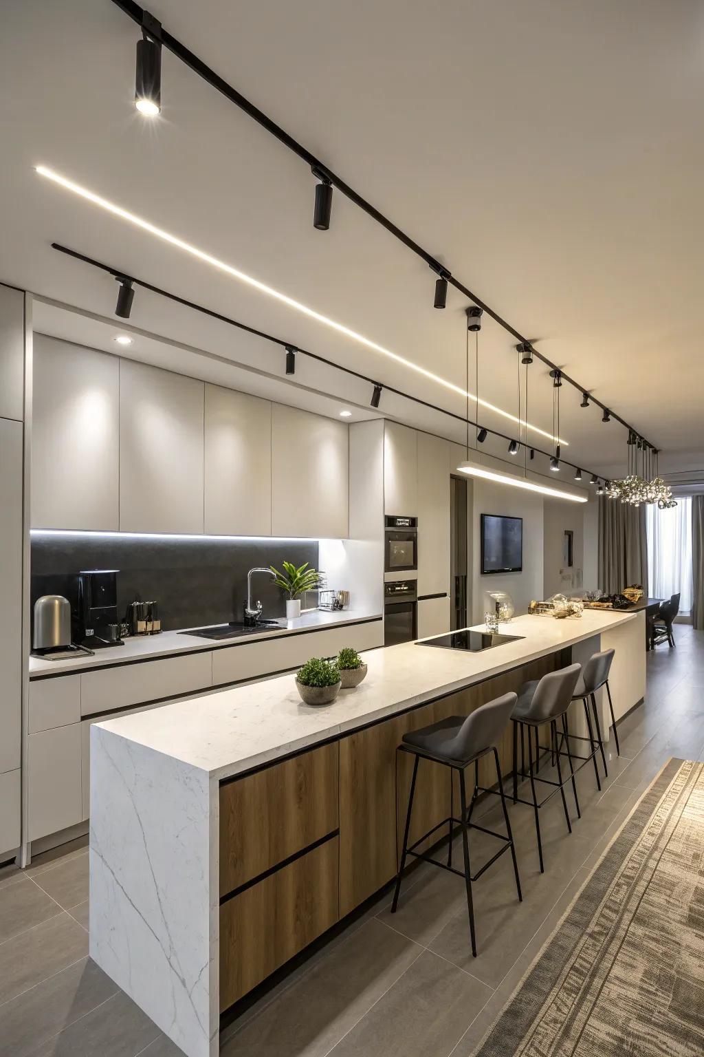 Linear track lighting emphasizing a sleek kitchen countertop