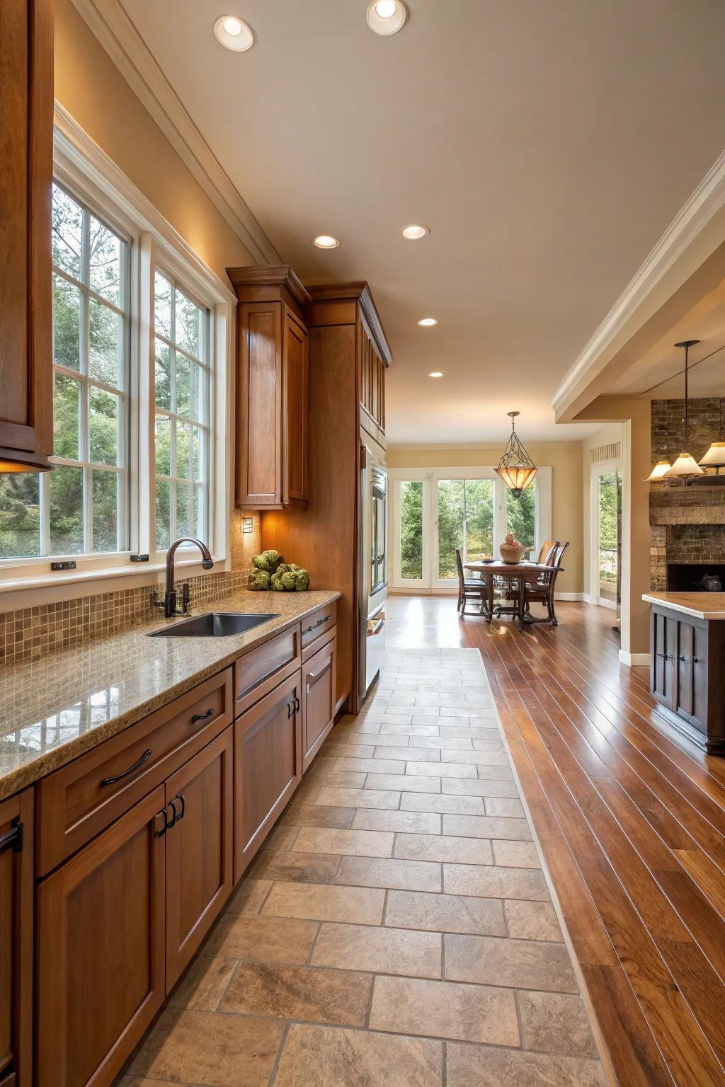 Realize an effortless transition using wood-to-tile merges.