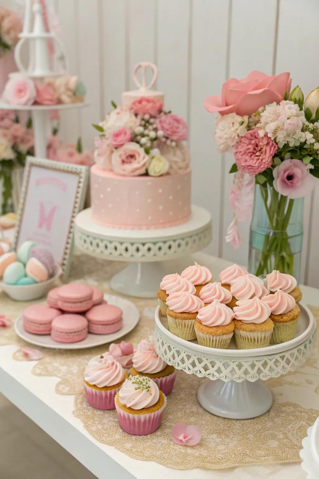 A pastel-themed treat table featuring sweets and decorations that match.