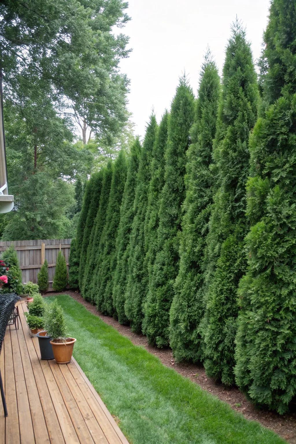 A wall of 'Emerald Sentinel' providing lush privacy.