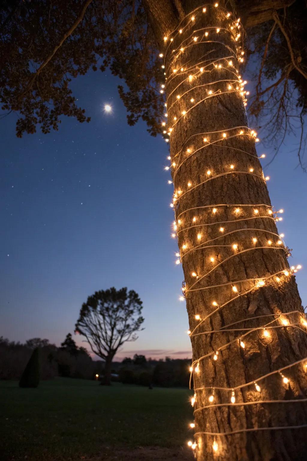 Twinkling strands entwined around a tree trunk conjure a captivating spectacle.