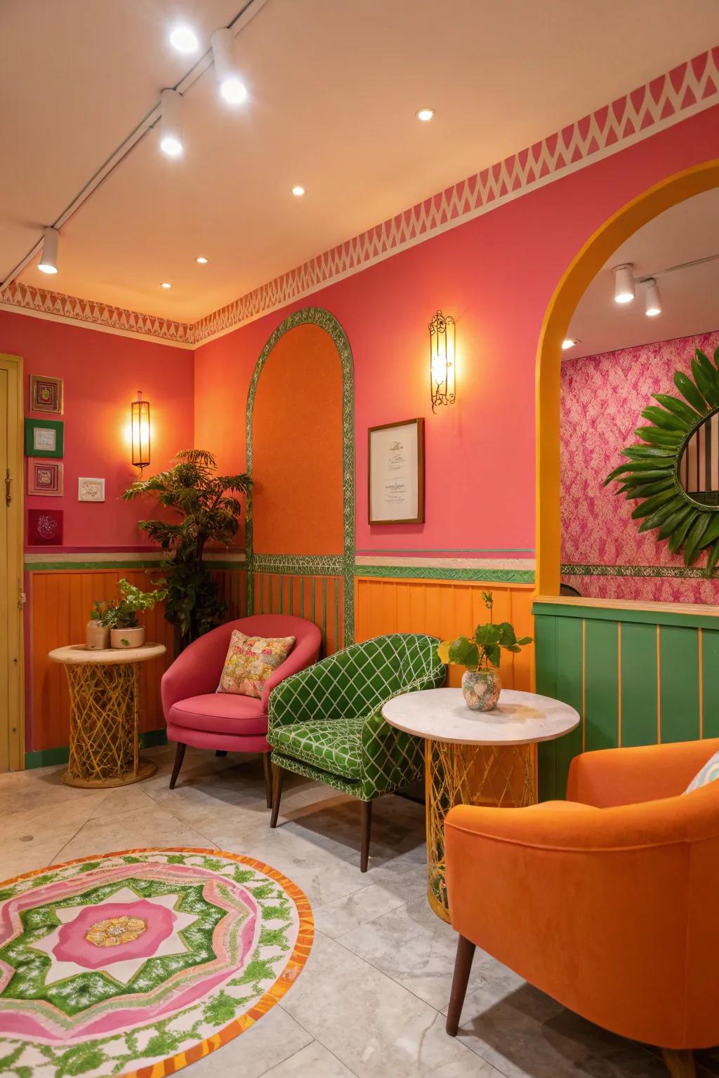 A burst of lively colors infuses a vibrant tropical feel into this room.