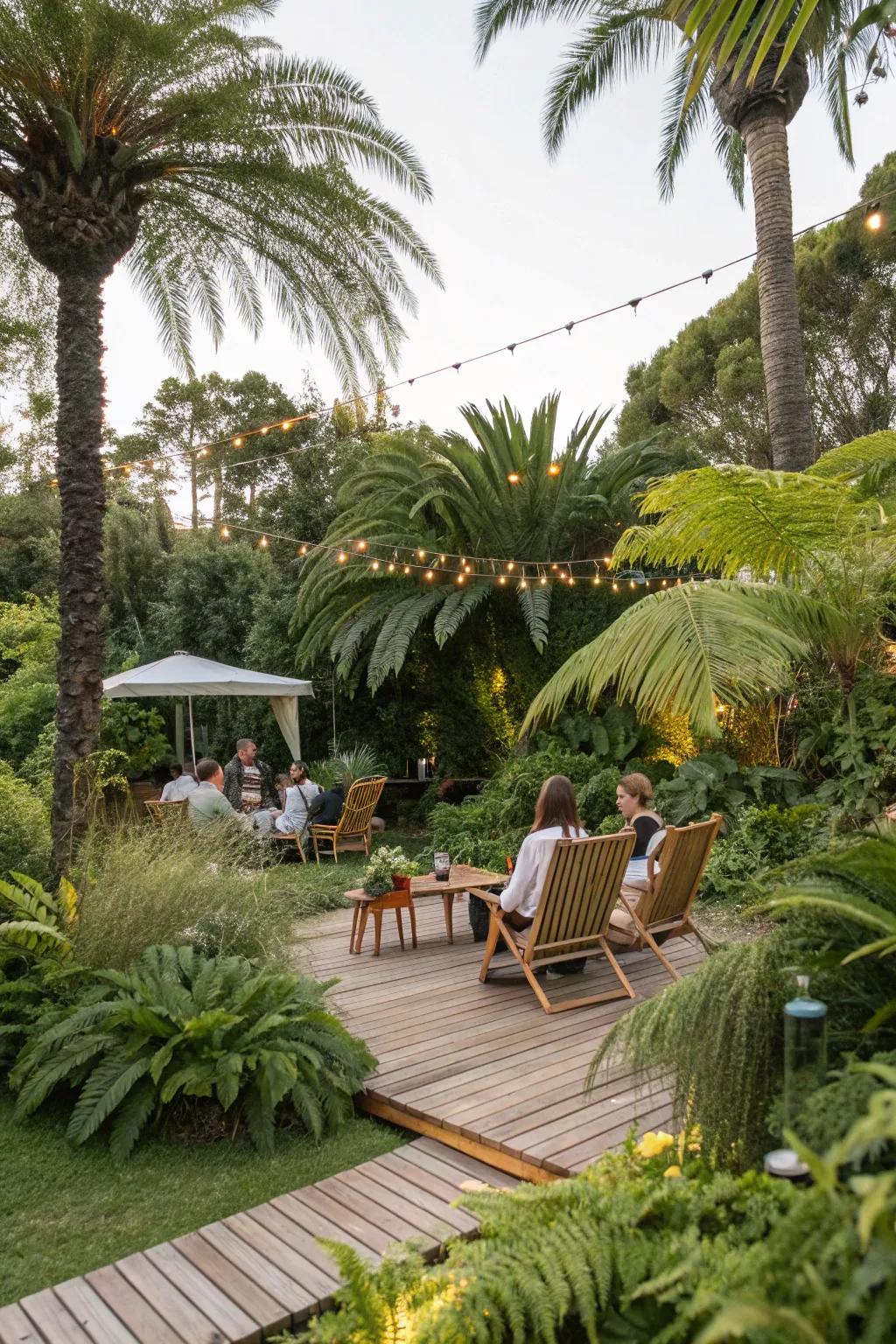 An exuberant tropical garden arrangement, ideal for hosting a memorable party.