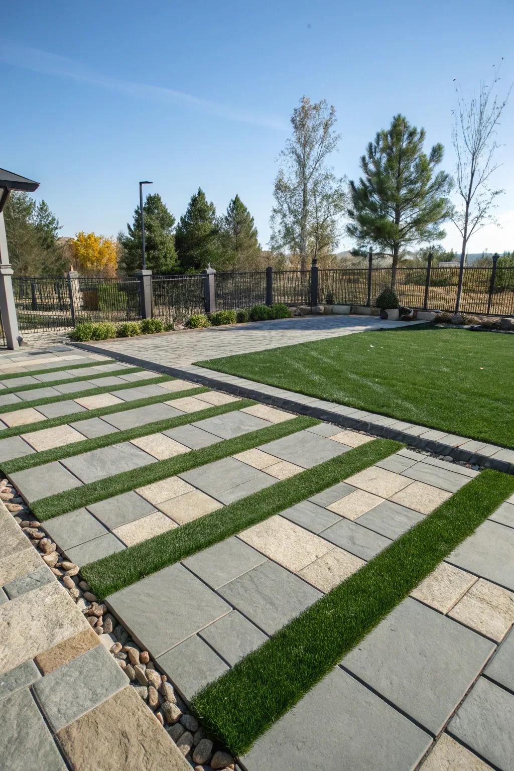 A modern patio featuring alternating lawn and stone tiles.