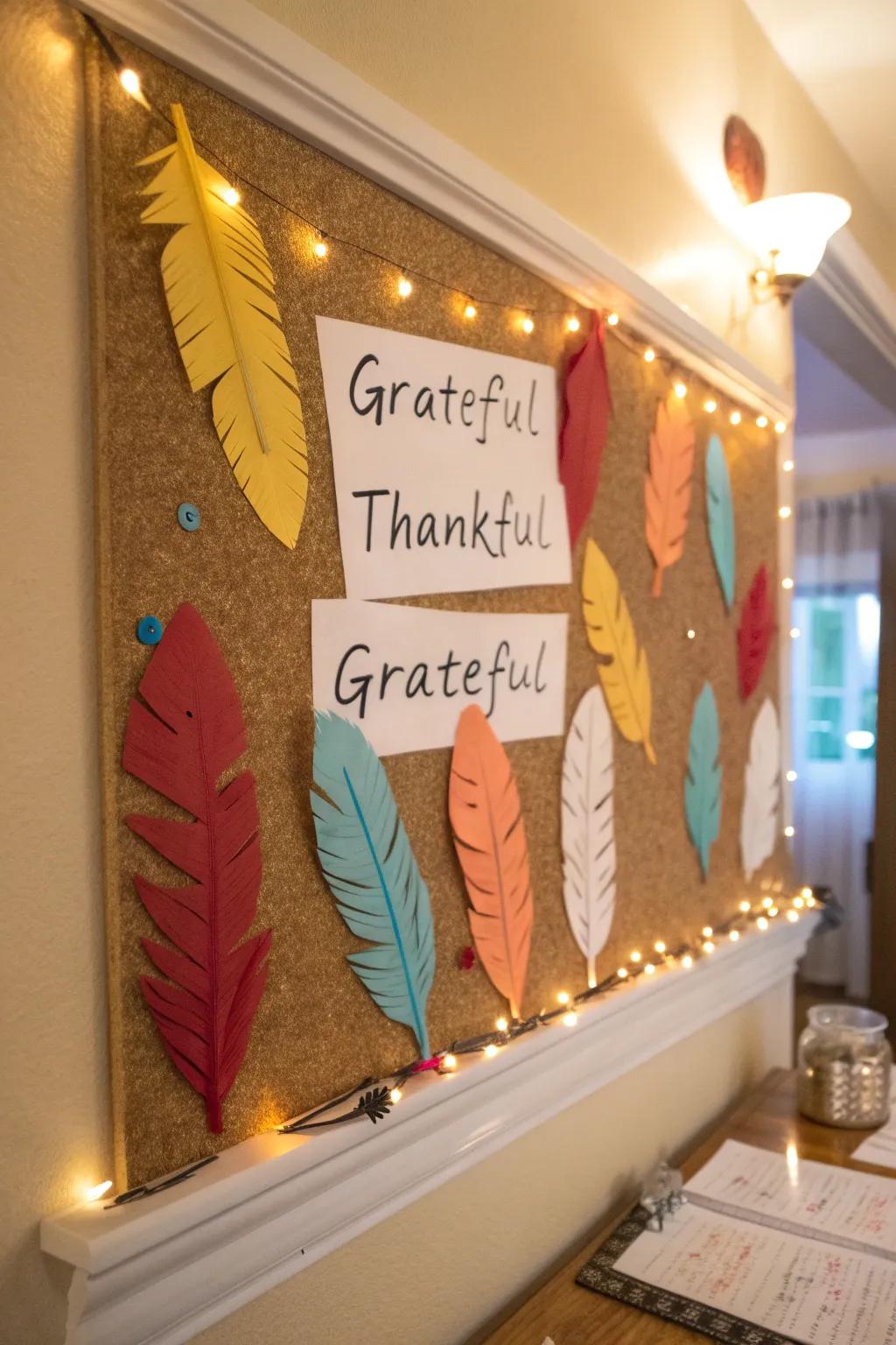 A gratitude-infused turkey bulletin board showcasing heartfelt messages.