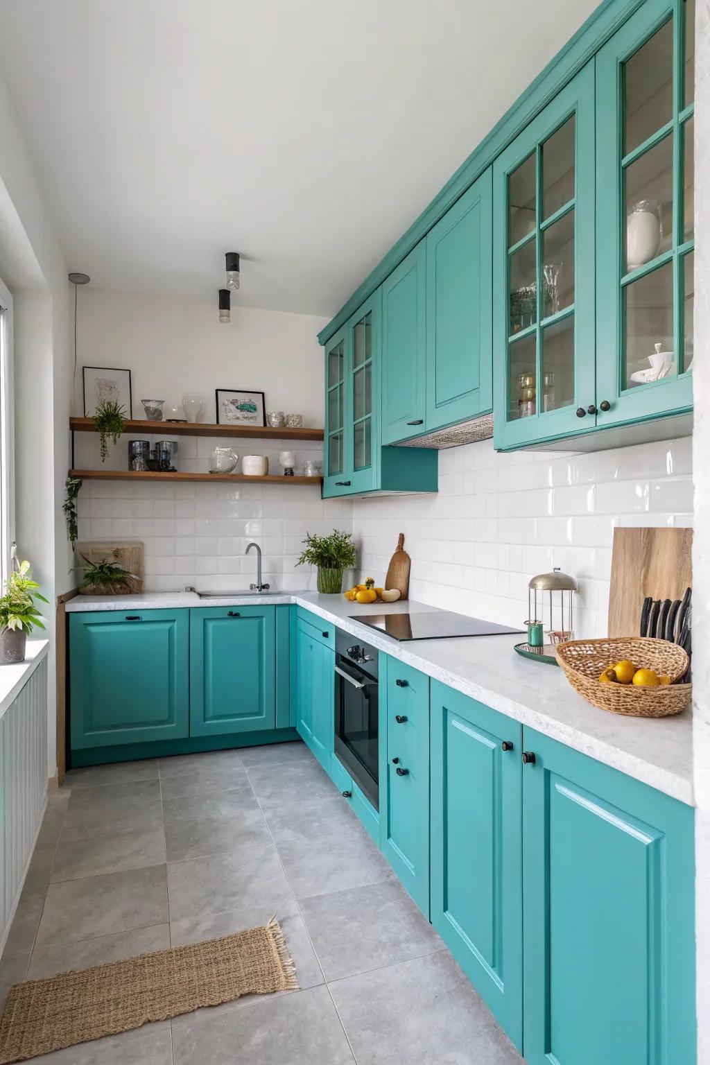 Turquoise cabinets beautifully offset against a serene, neutral kitchen background.
