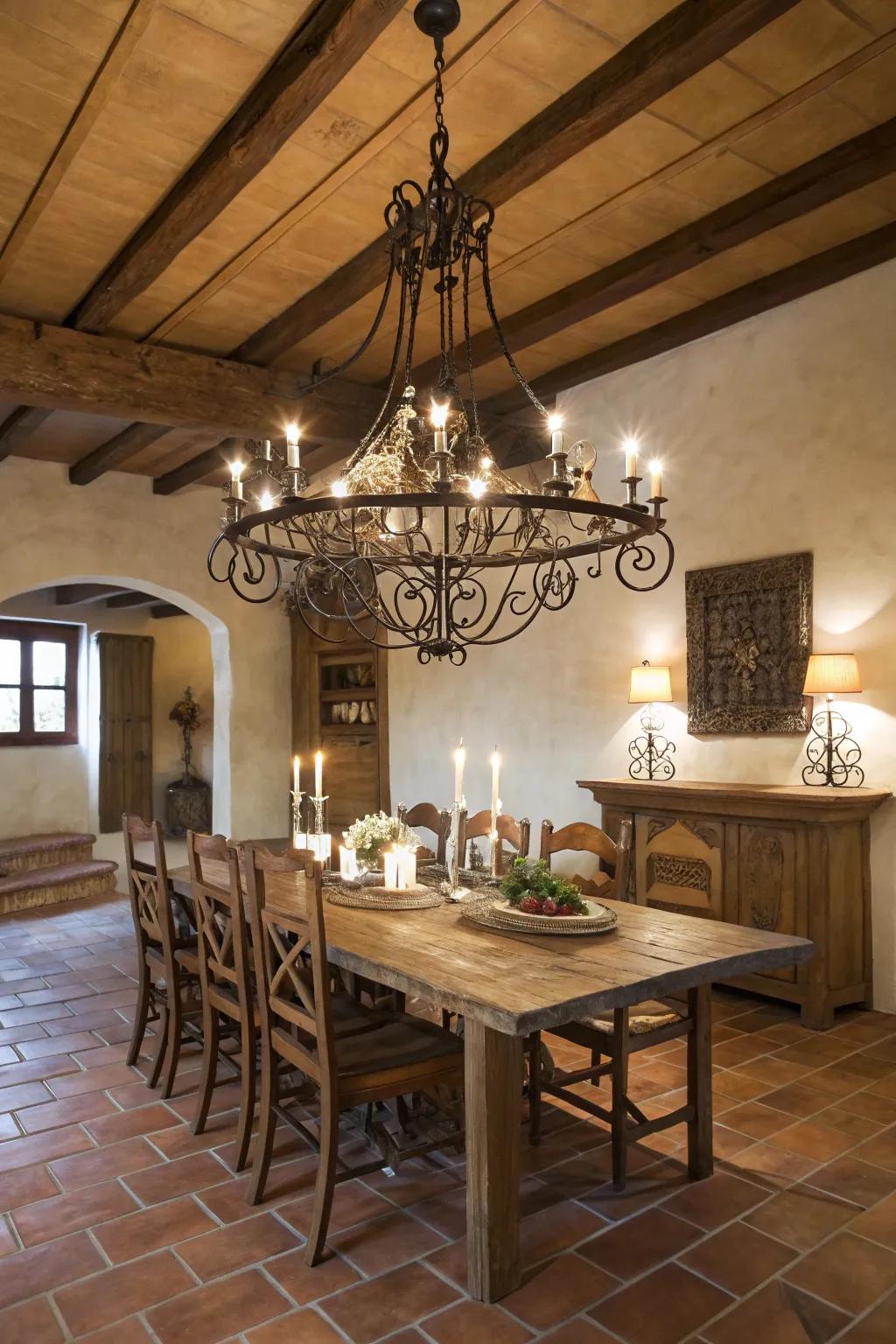 Hand-forged iron chandeliers bring classic Tuscan charm.