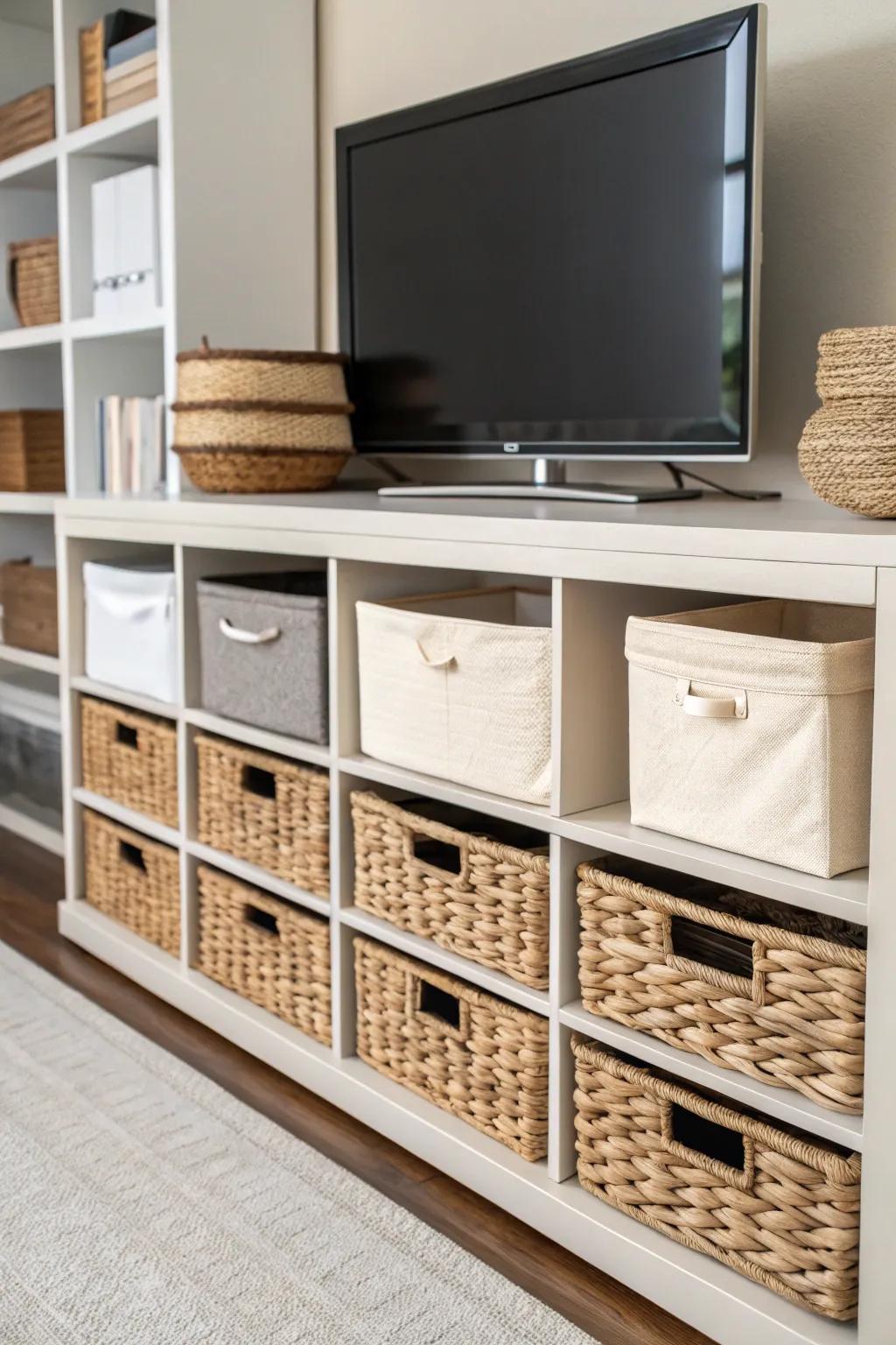 Wicker containers introduce both allure and structure to your TV stand.