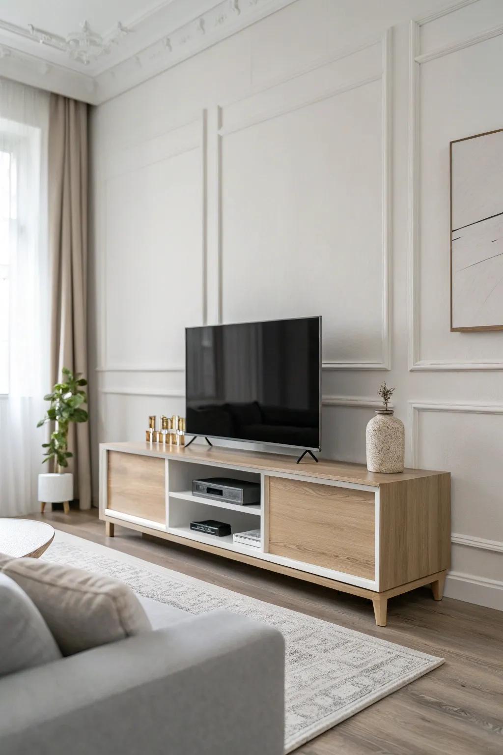 A minimalist TV stand that flawlessly complements a modern living space.