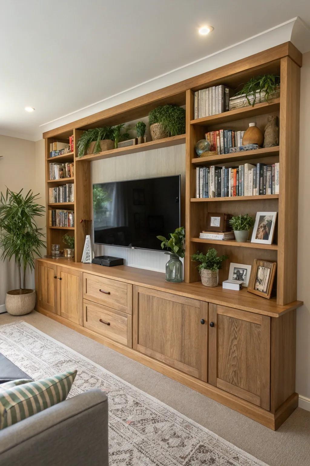 Integrated shelving introduces both sophistication and practicality to this TV wall.