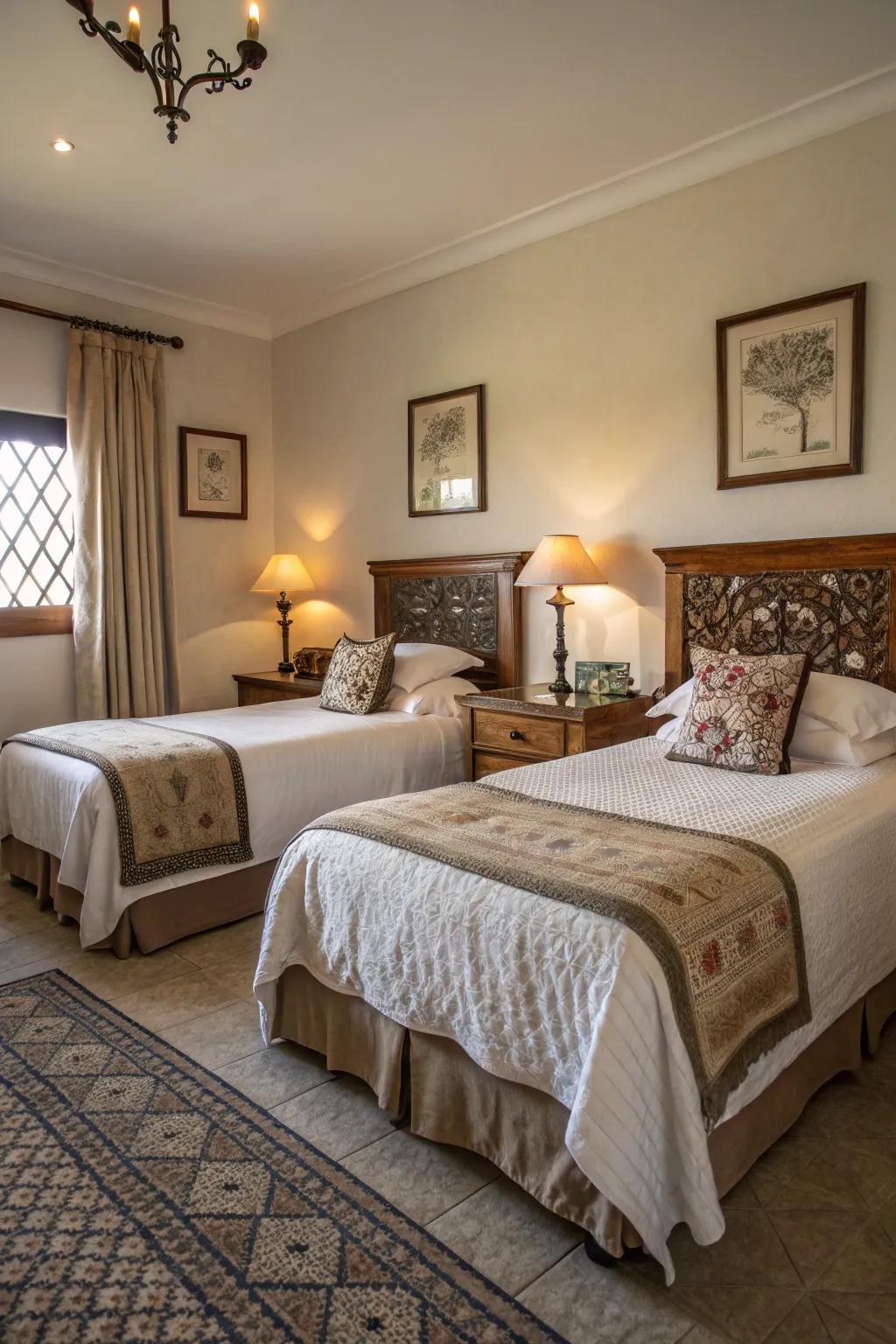 Harmonious twin beds create a balanced and serene bedroom setting.