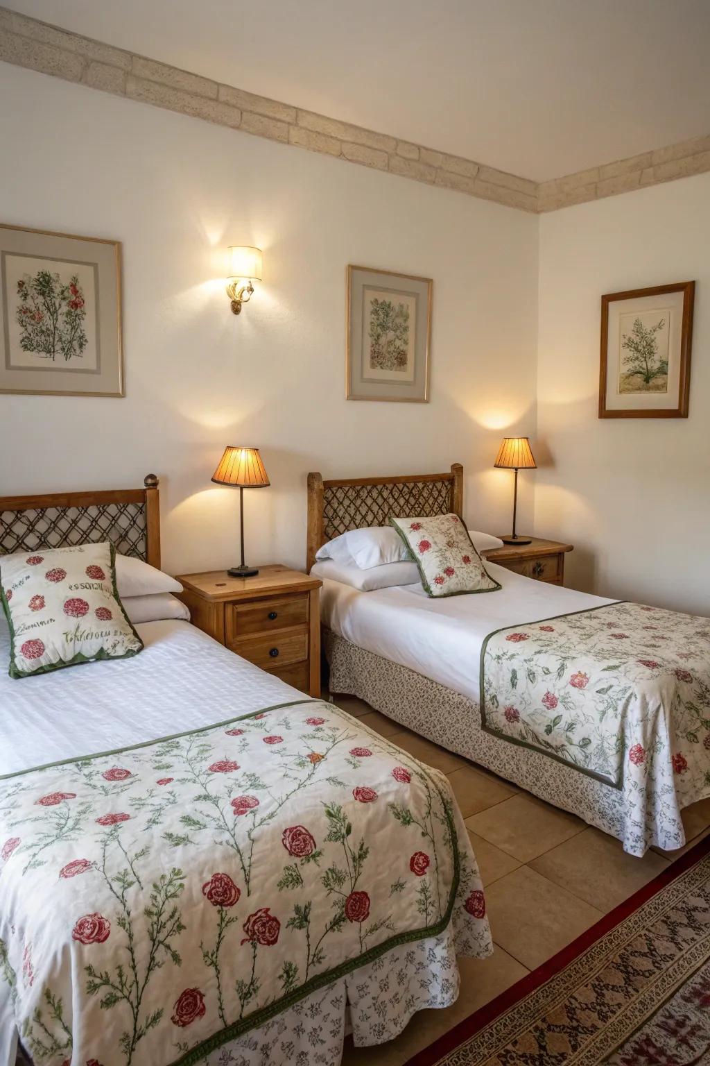 Visual harmony is achieved through symmetrical arrangement in a shared bedroom.