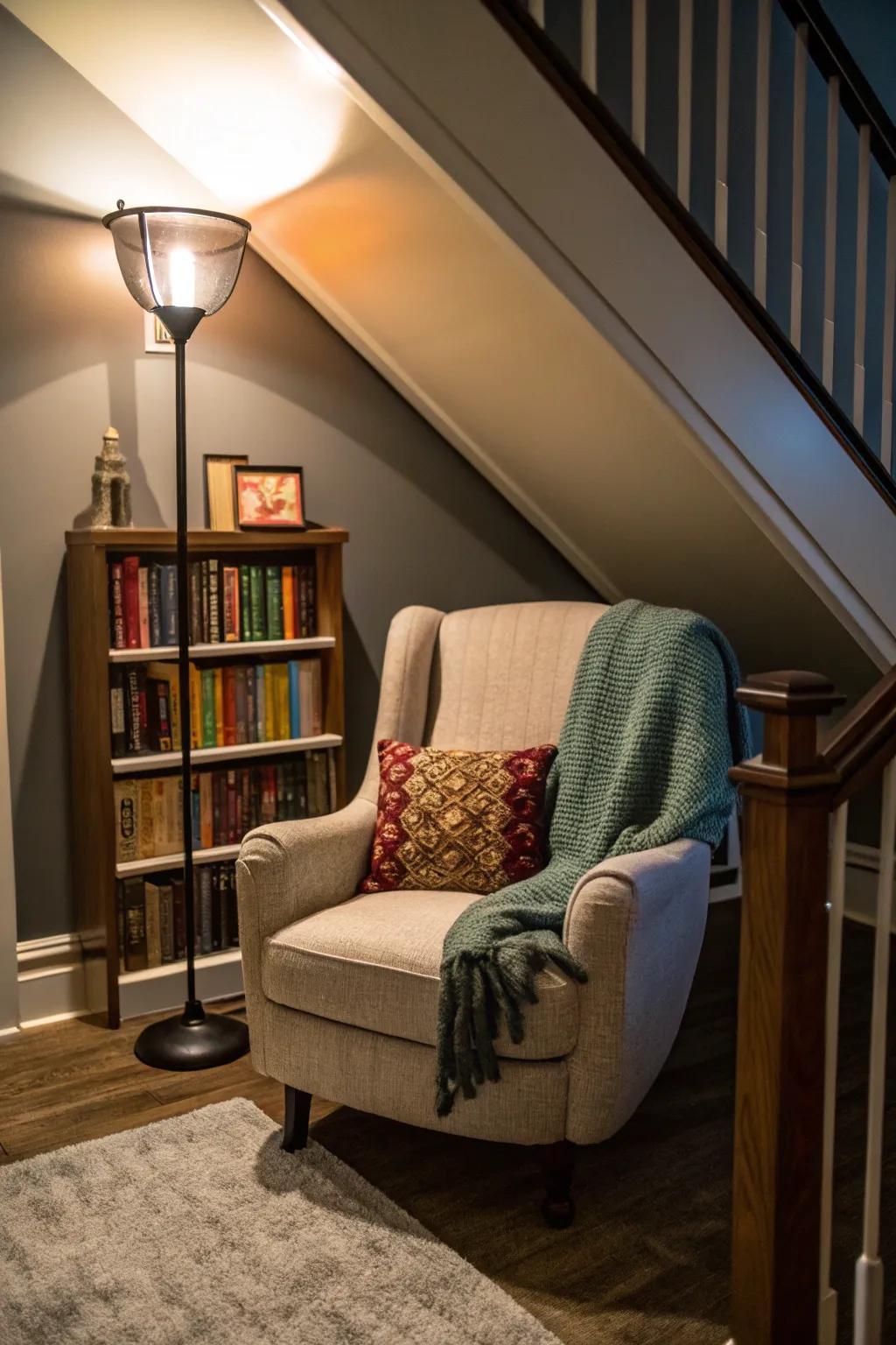 Design a personal haven for reading beneath your staircase.