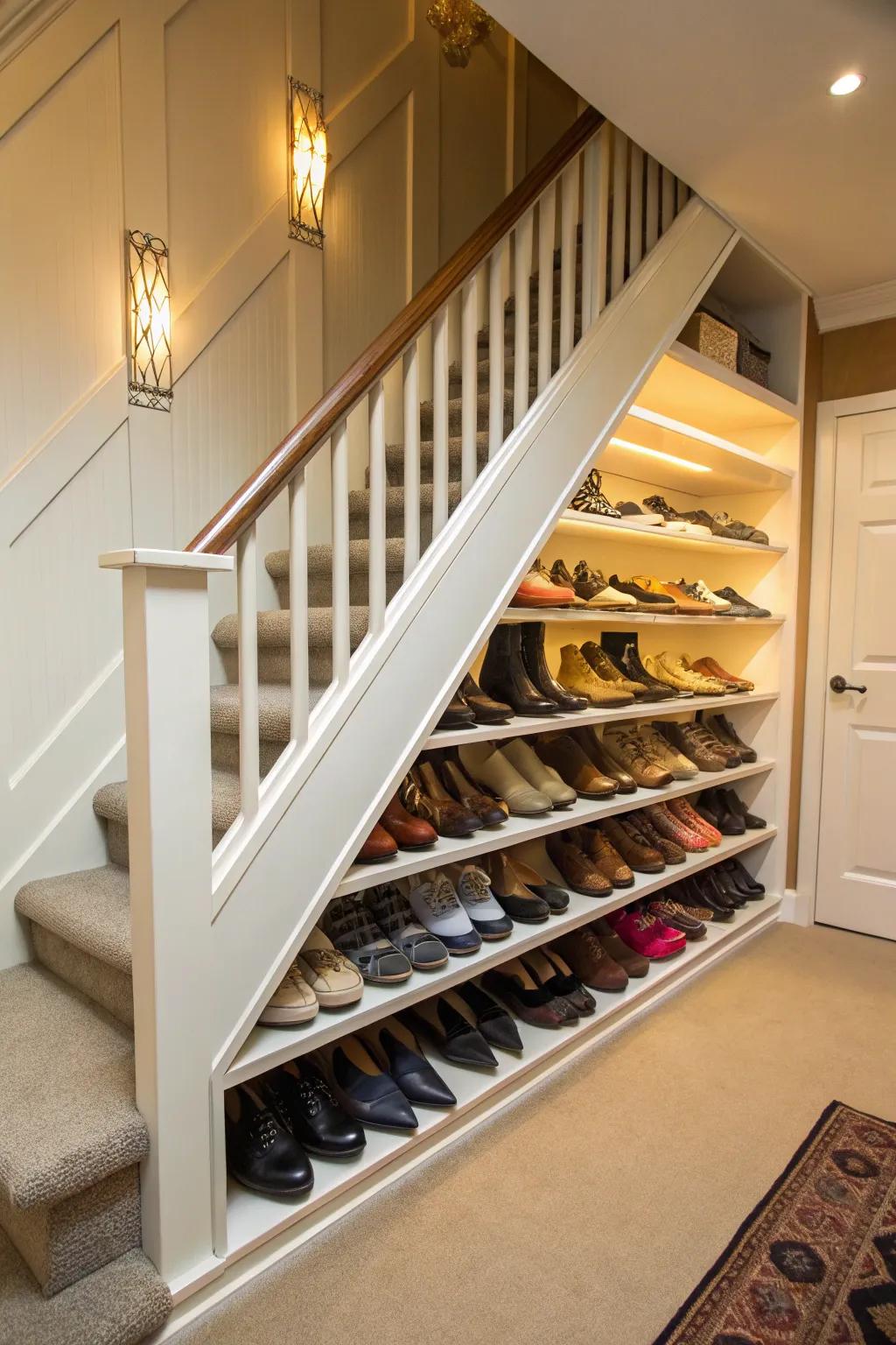 Optimize your shoe storage using bespoke shelving installed beneath the staircase.