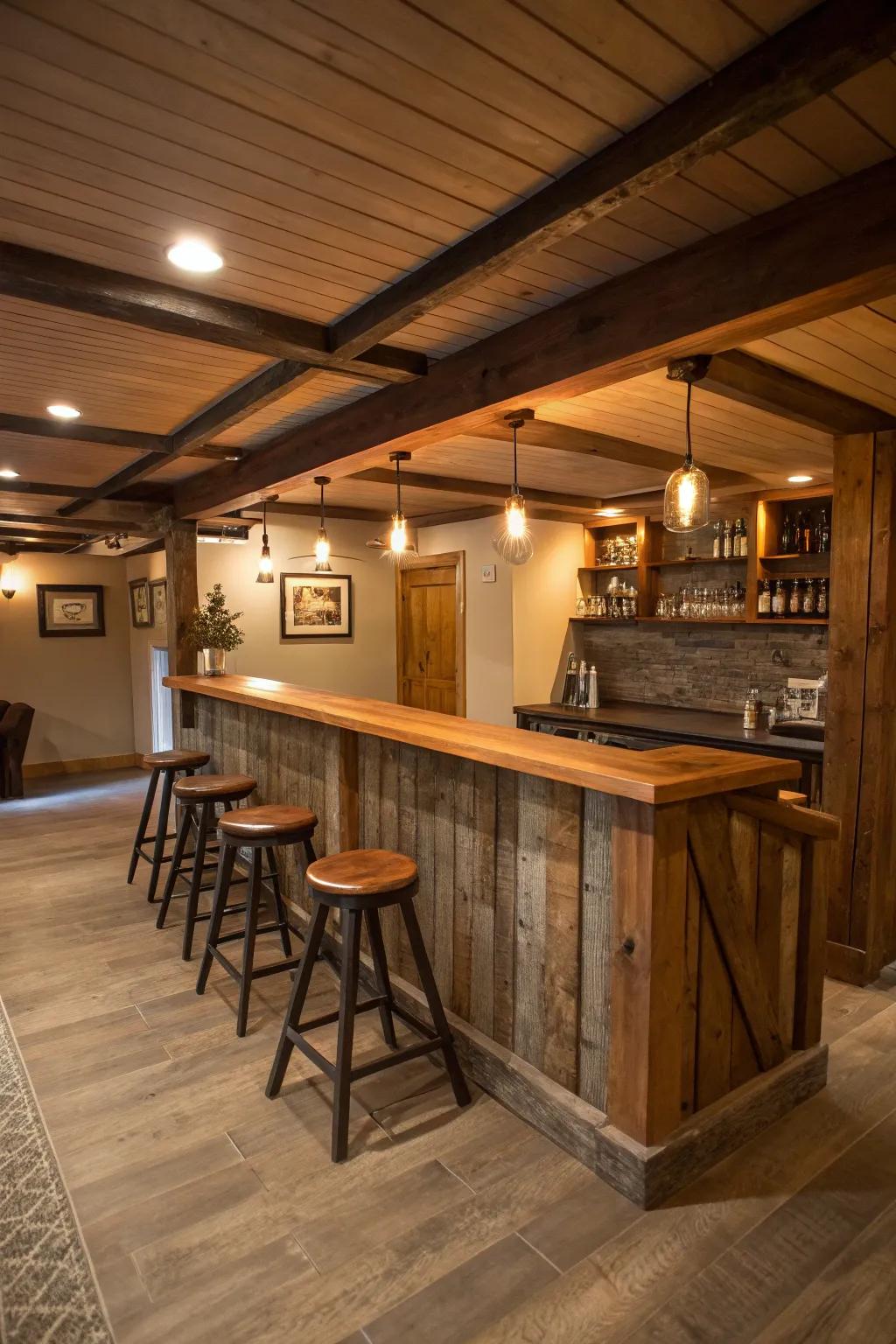 Raw wood elements foster a comforting and attractive basement bar.