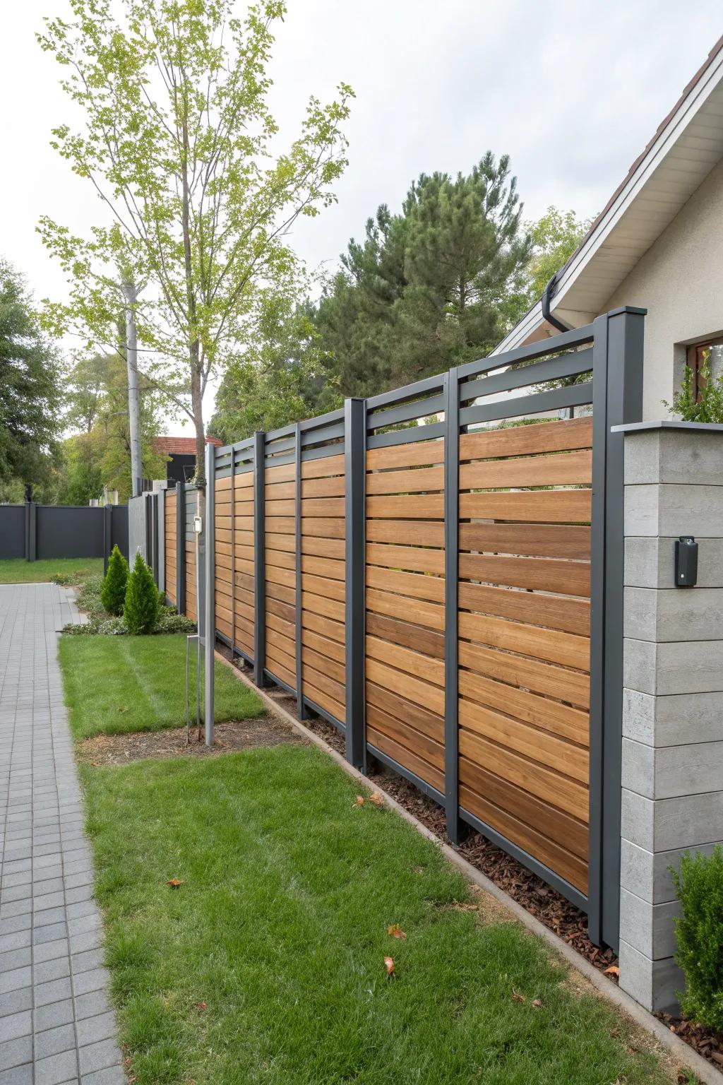 A stylish fence combining metal and wood for a contemporary look.