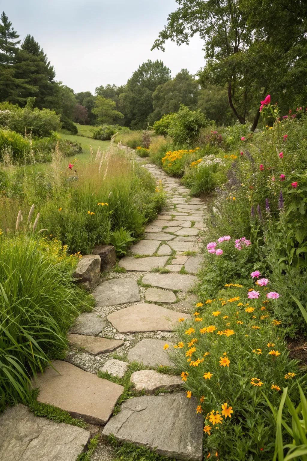 Asymmetrical stone pathways merge effortlessly with the surrounding nature, lending an air of rustic sophistication.