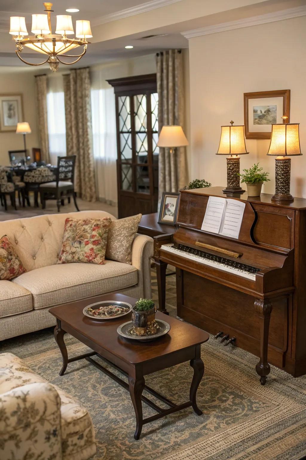 Design a living area where melodies and memories intertwine.