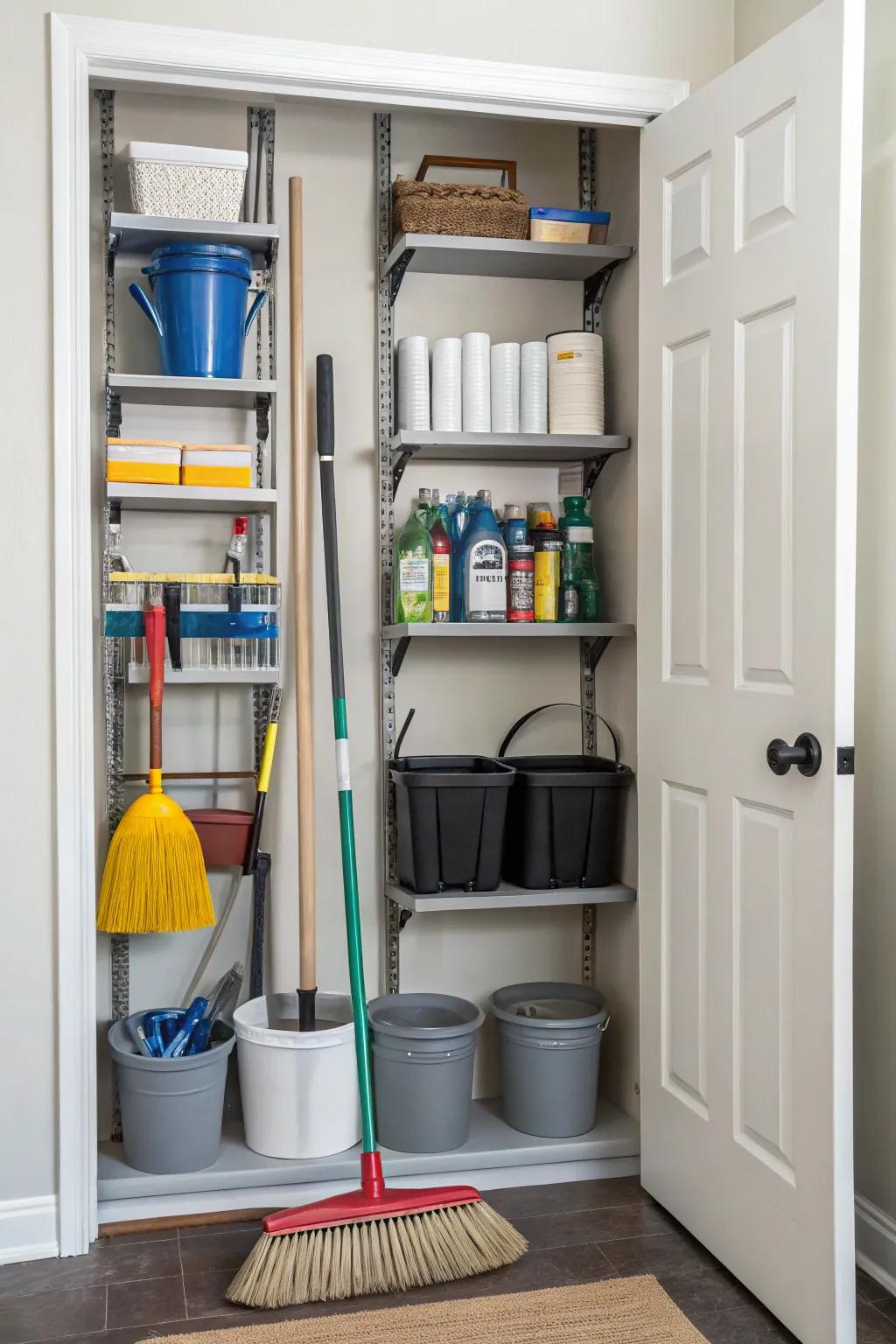 Adjustable shelves deliver a versatile means of storing various items in your utility closet.