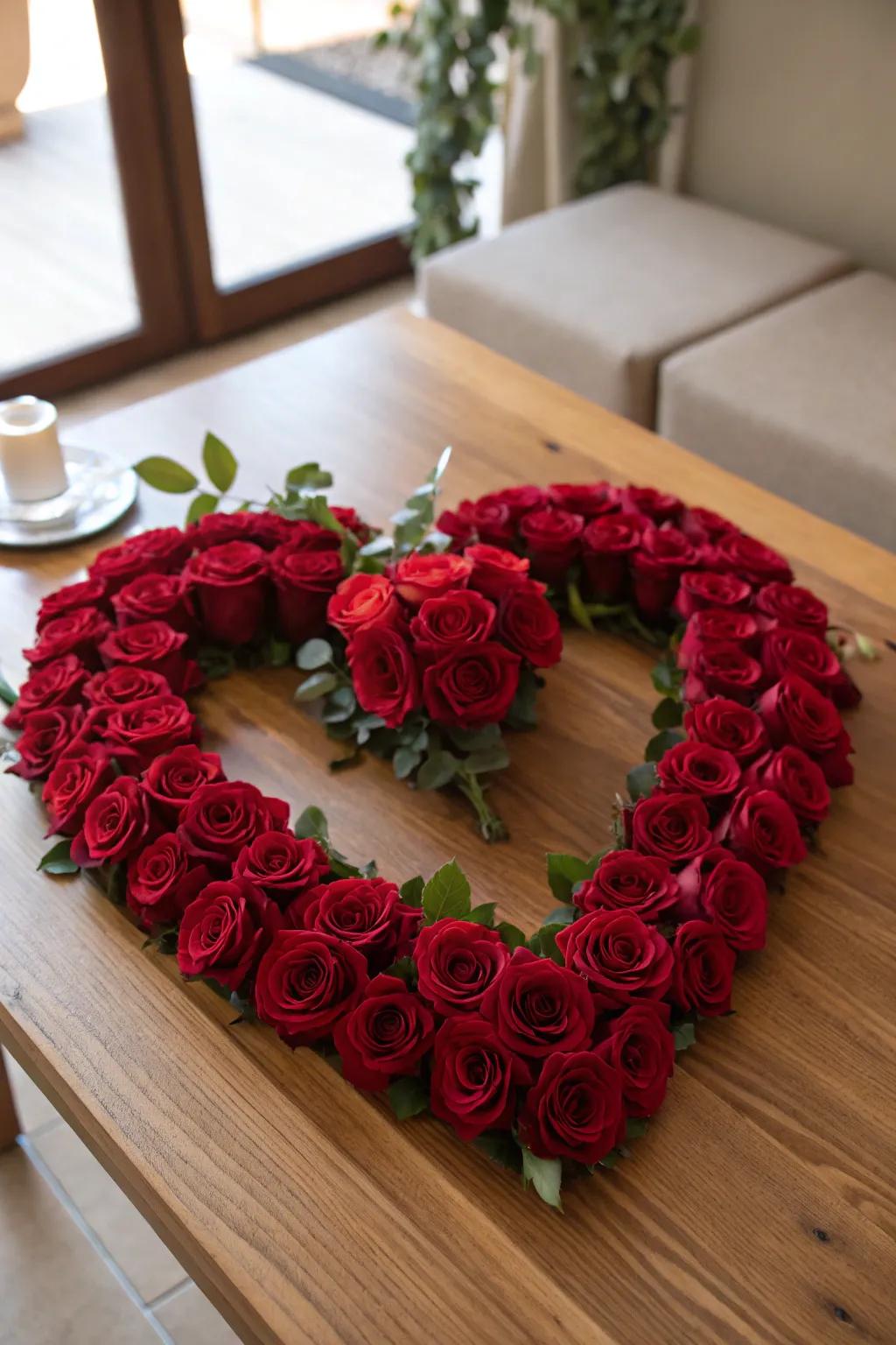 Red roses arranged in a heart shape on a rustic table.