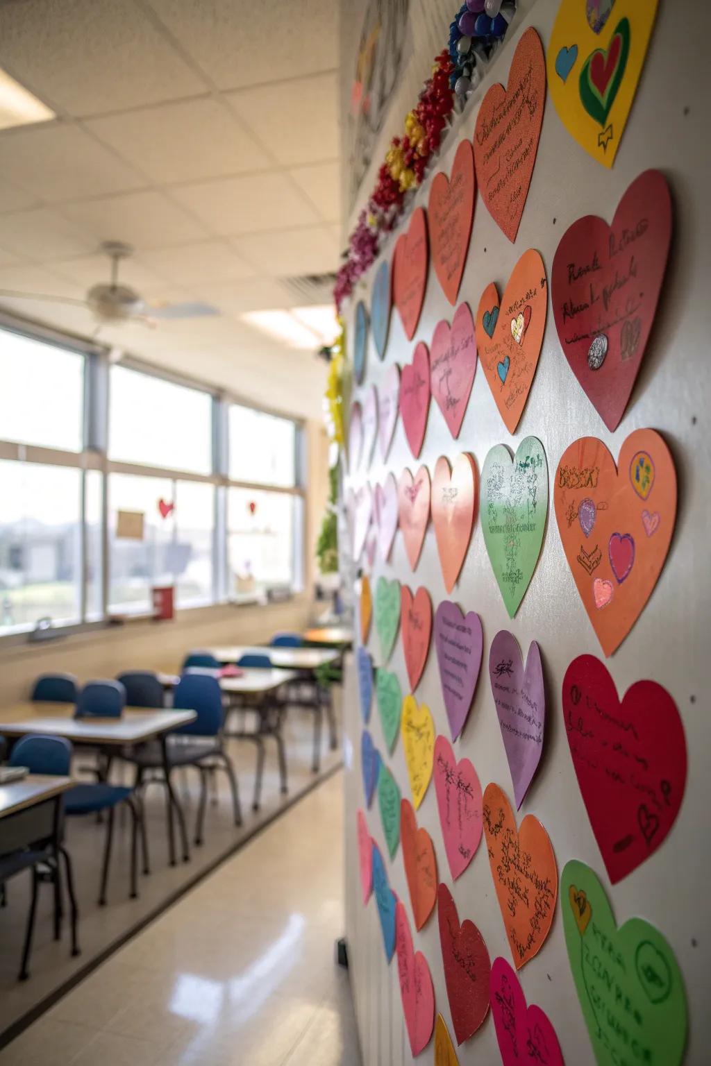 A heart-filled wall, customized with student names, cultivates a sense of belonging.