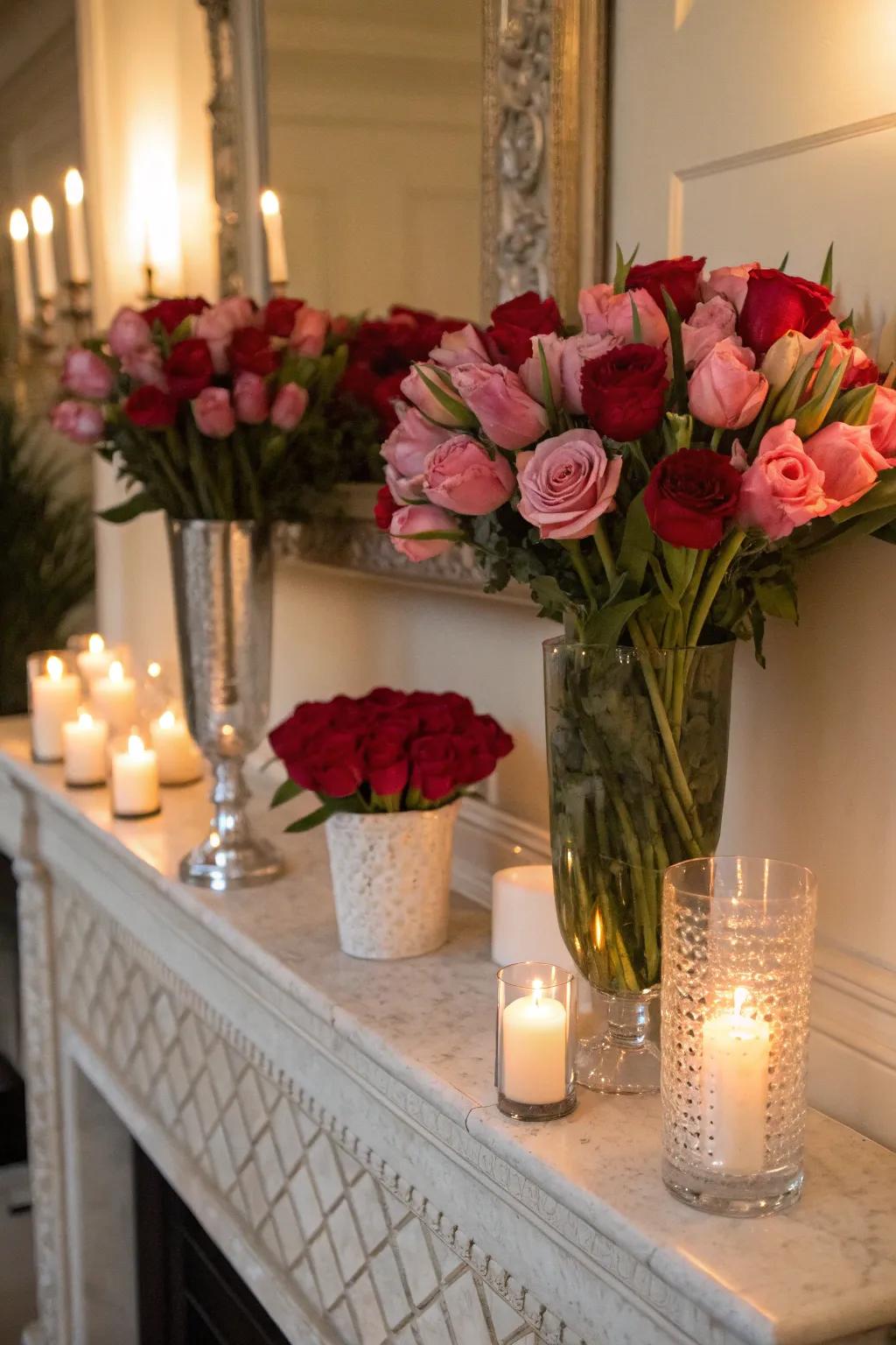 A sentimental floral arrangement graces the mantel, adorned with roses and tulips.