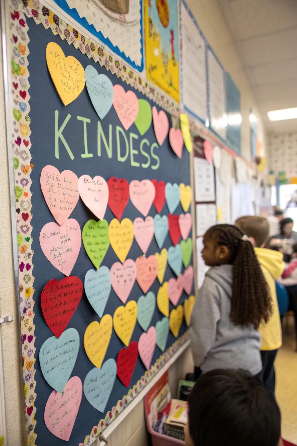 A display board popping with heartfelt messages imprinted on heart-shaped notes.