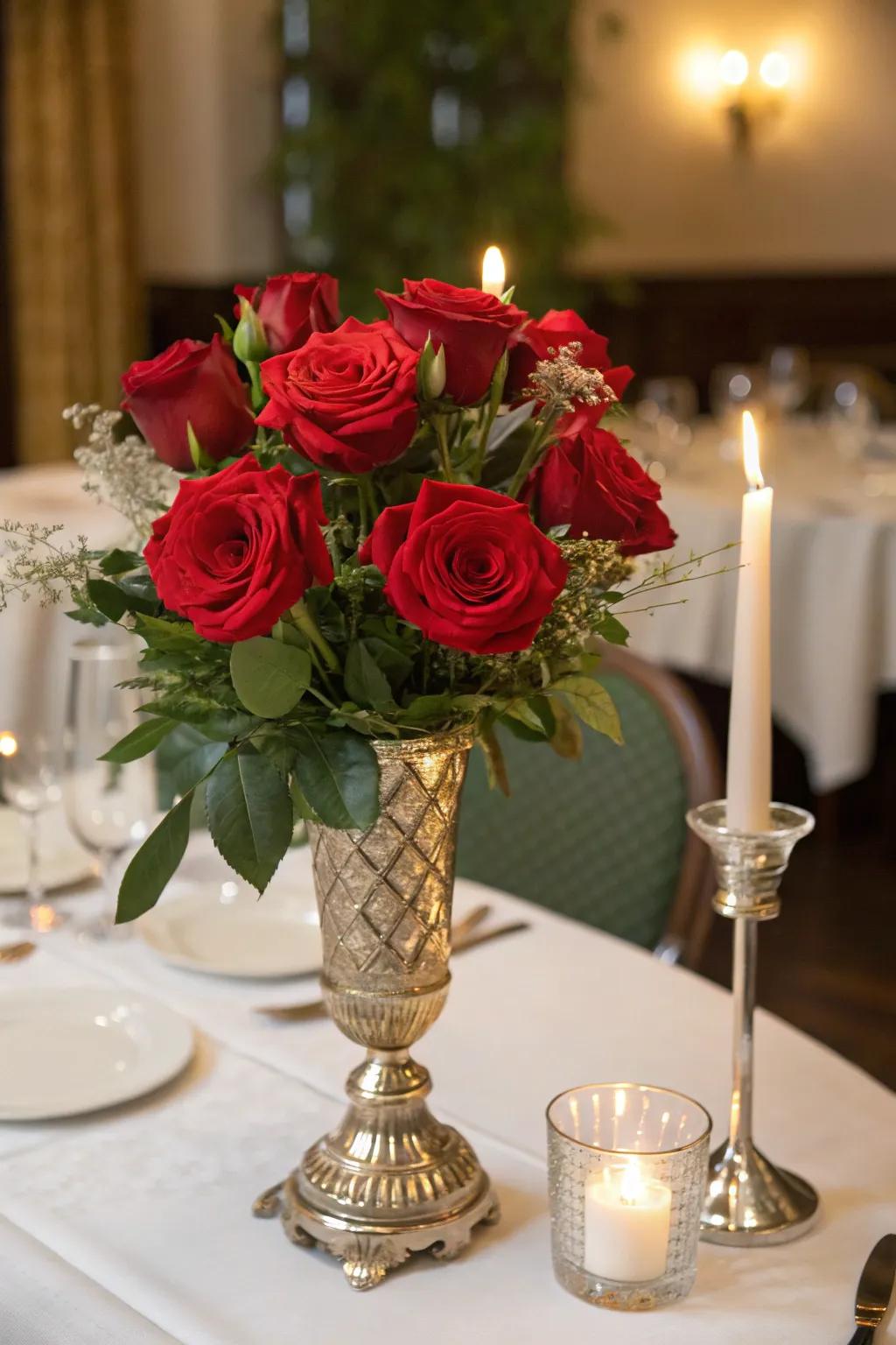 Elegant arrangement of classic crimson roses as a focal point.