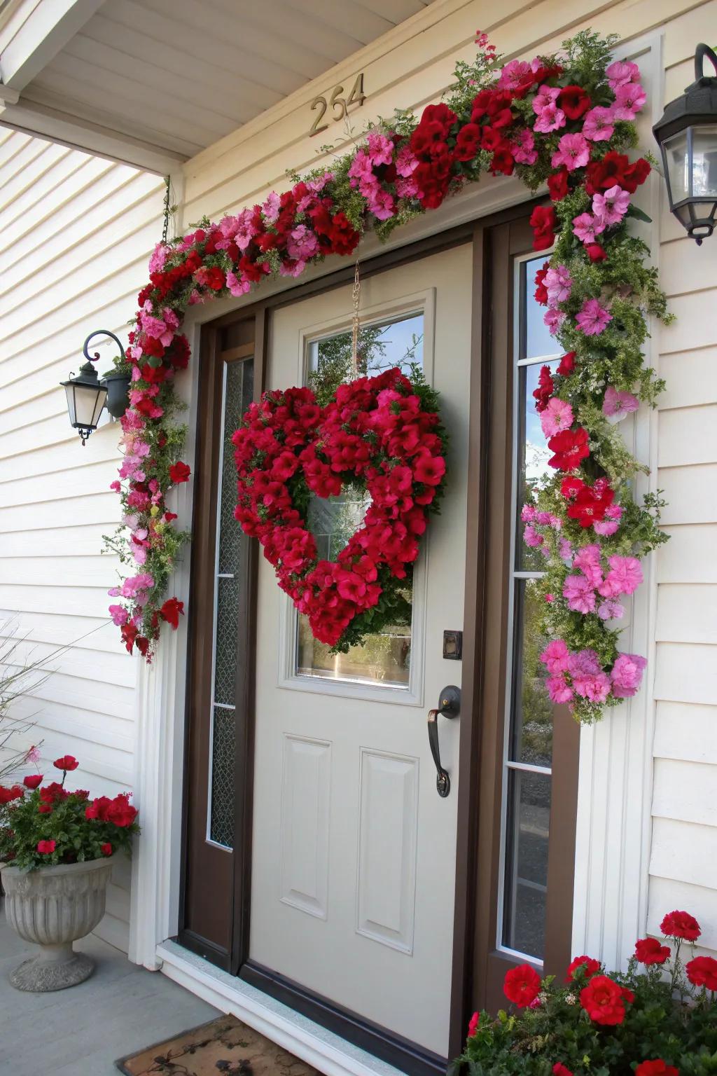 A heart-shaped wreath made of blossoms lends charm to any door for Valentine's Day.