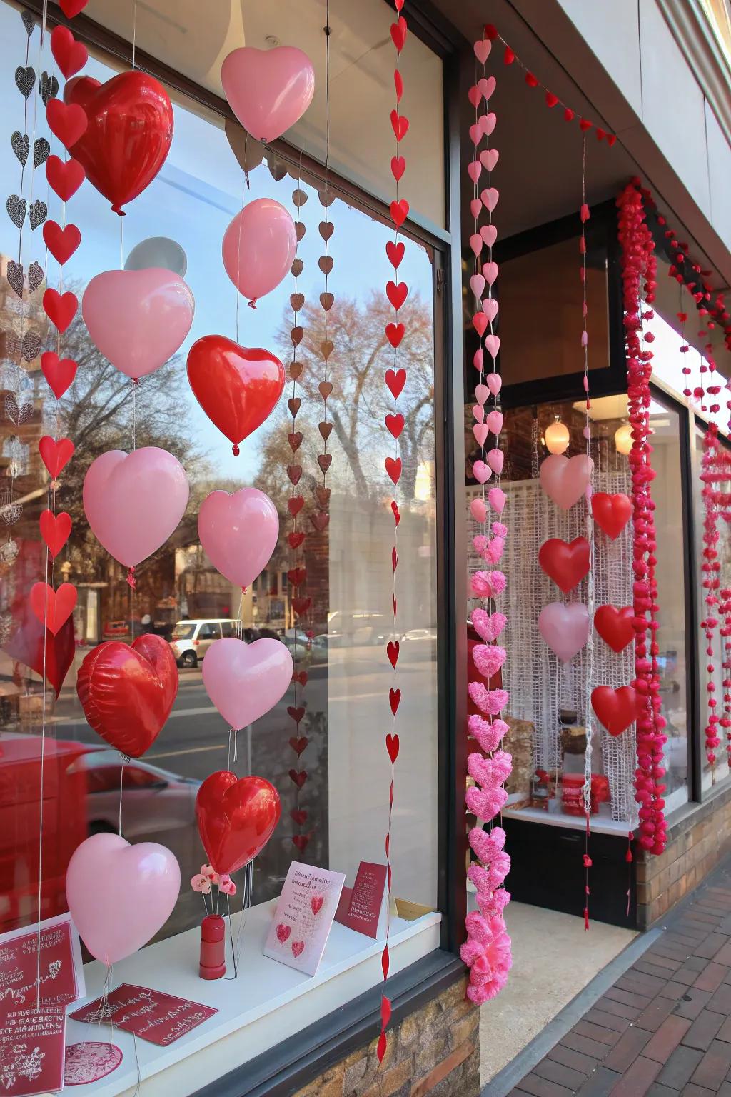 A shop window is lavishly decorated with numerous heart-shaped ornaments for Valentine’s Day.