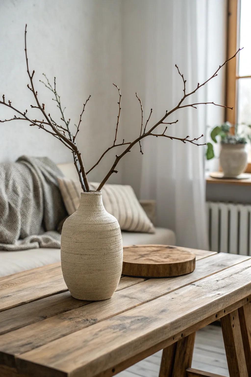 A minimalist vase featuring a single branch creates a serene atmosphere.