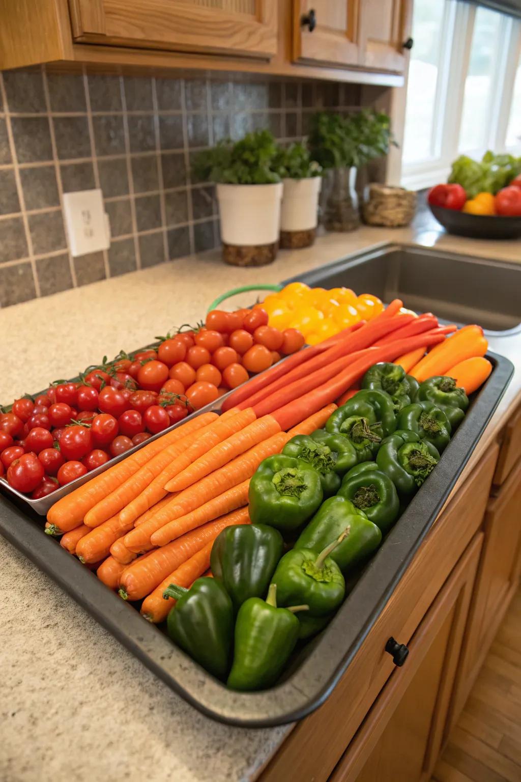 A vibrant platter arranged to resemble a rainbow.