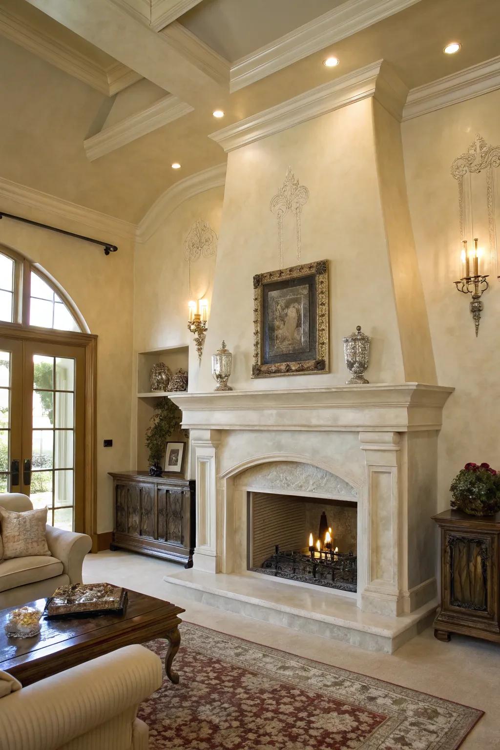 A classic touch achieved with Venetian plaster in the living room.
