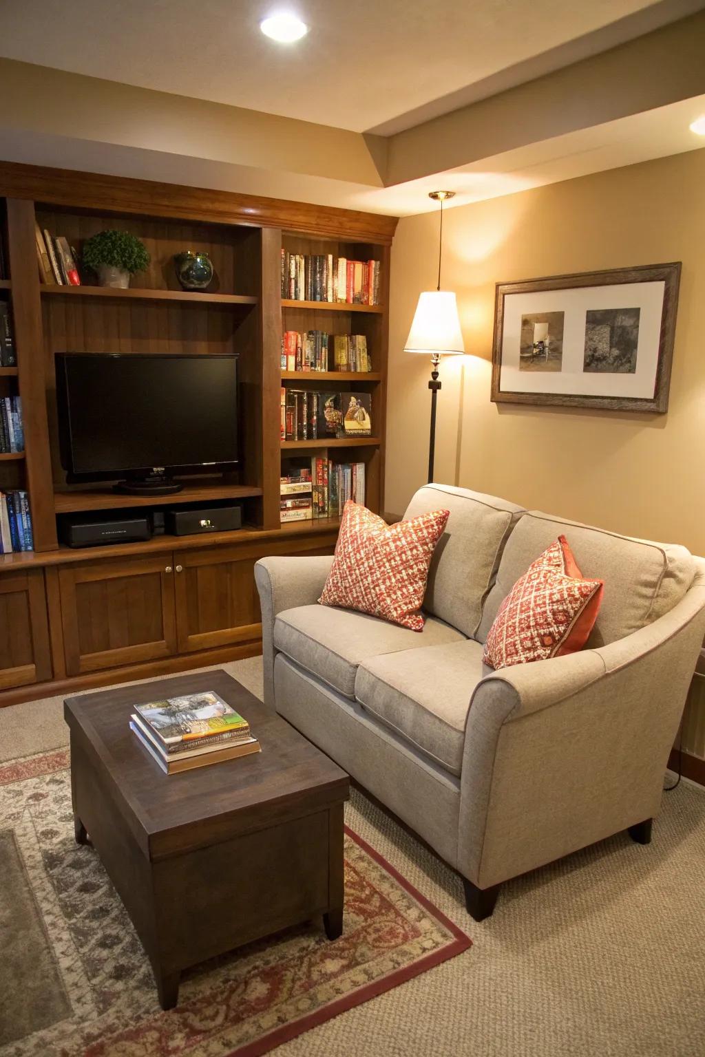 A mini loveseat enhances the warmness of a small TV room