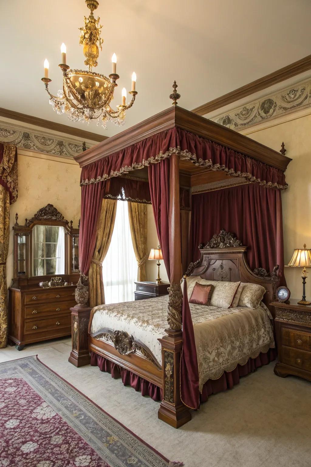 Opulent textiles such as velvet and silk evoke a lavish Victorian ambiance.