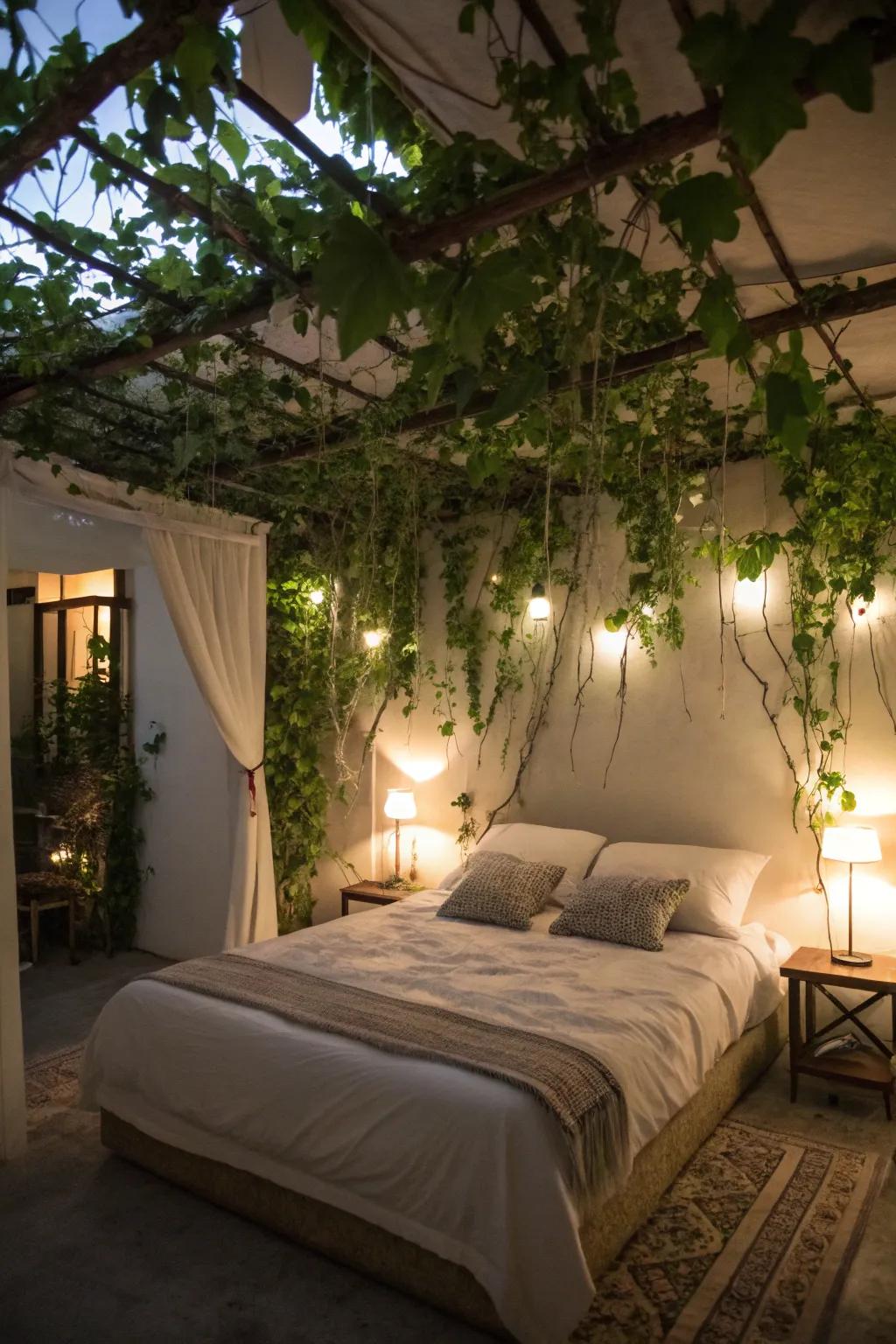 Design a serene retreat using an overhead vine canopy.