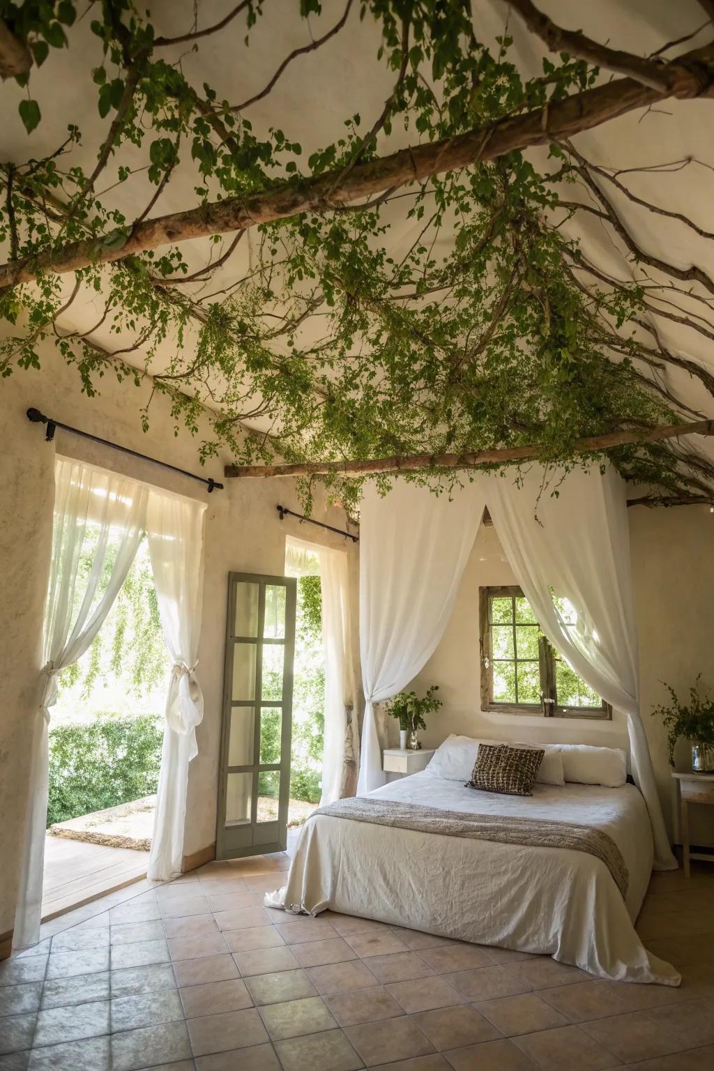 A transformed bedroom featuring a foliage canopy, creating a dreamy vibe.