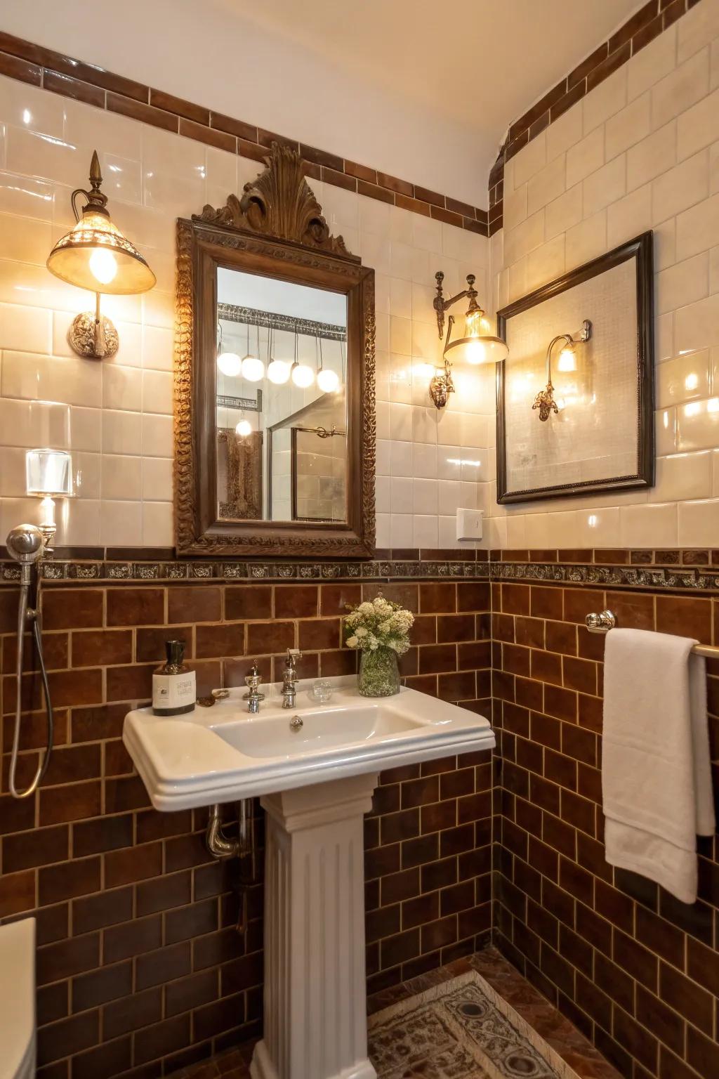 Sleek brown tiles wonderfully play with the light, establishing a retro vibe.