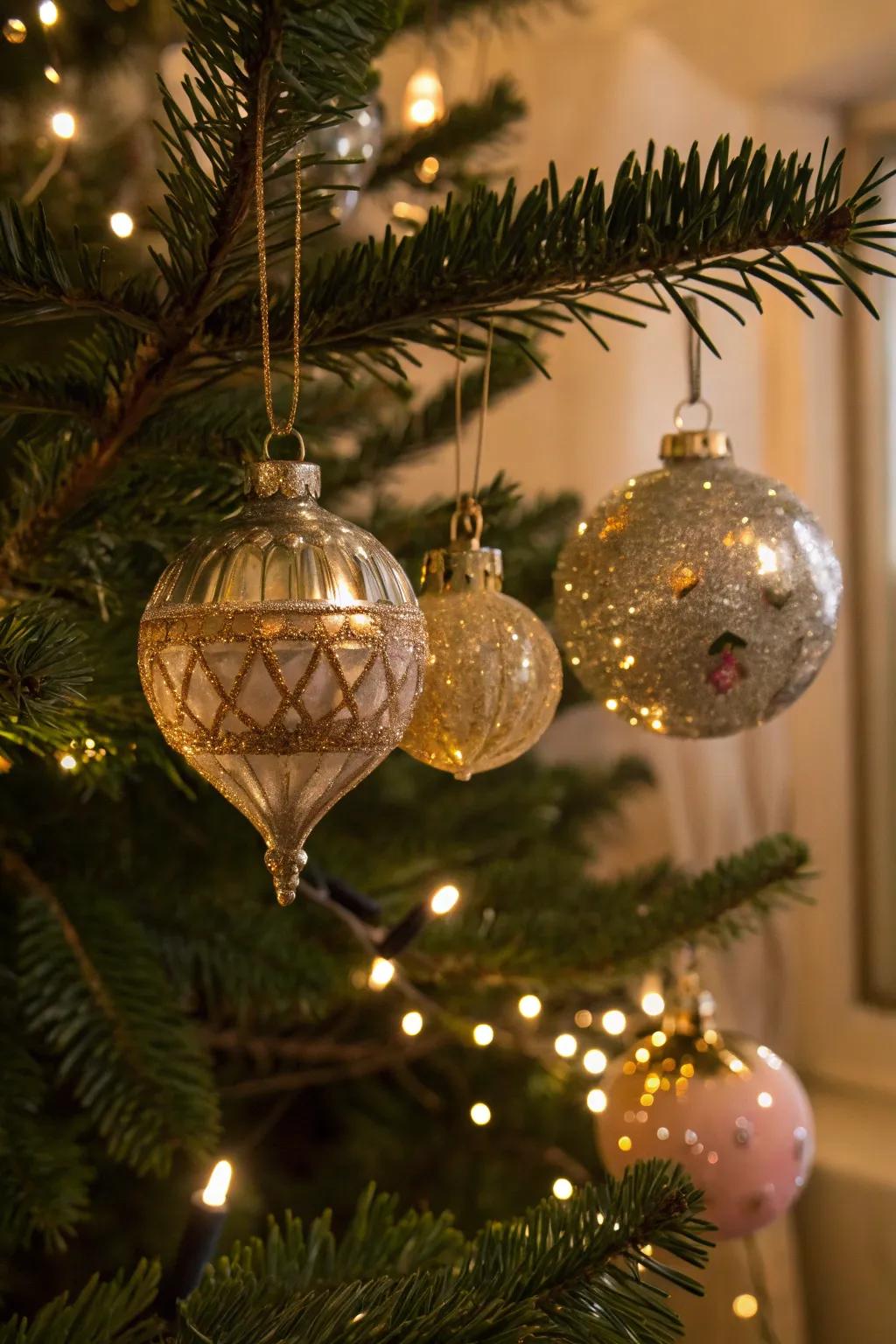 Traditional glass ornaments embellishing a retro-inspired Christmas tree.