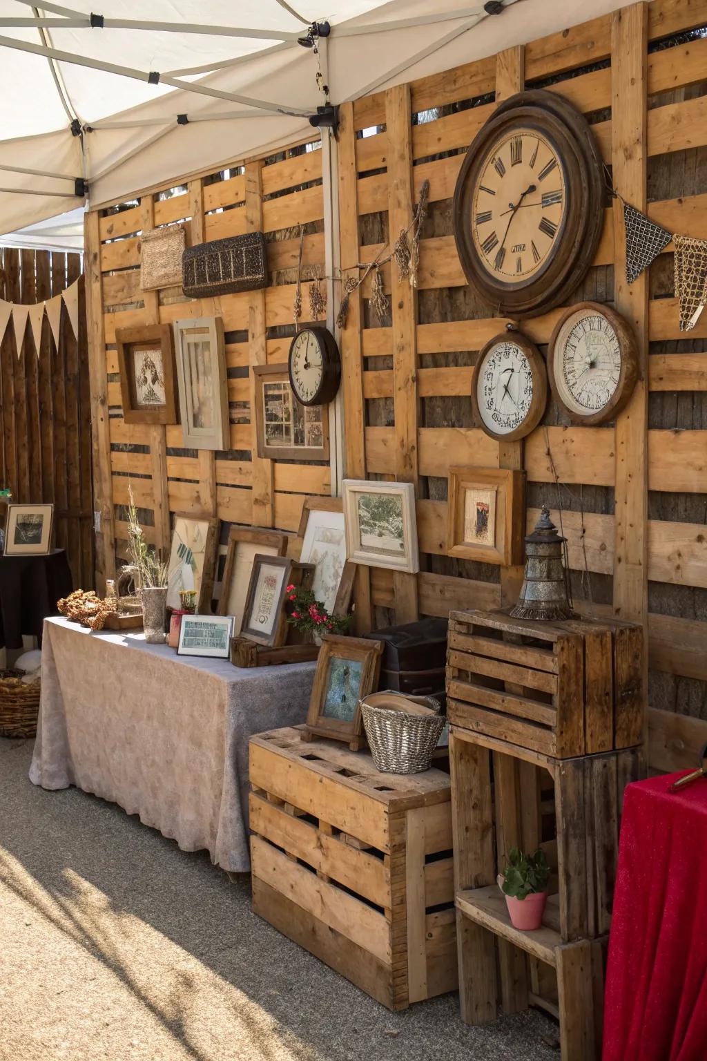 A weathered market booth featuring wooden backdrops and antique decorations.