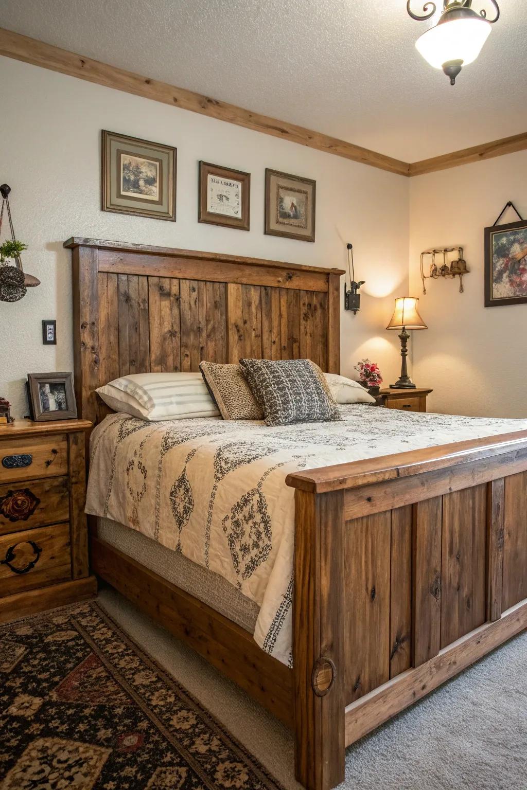 A rustic timber headboard infuses your sleep space with warmth and character.