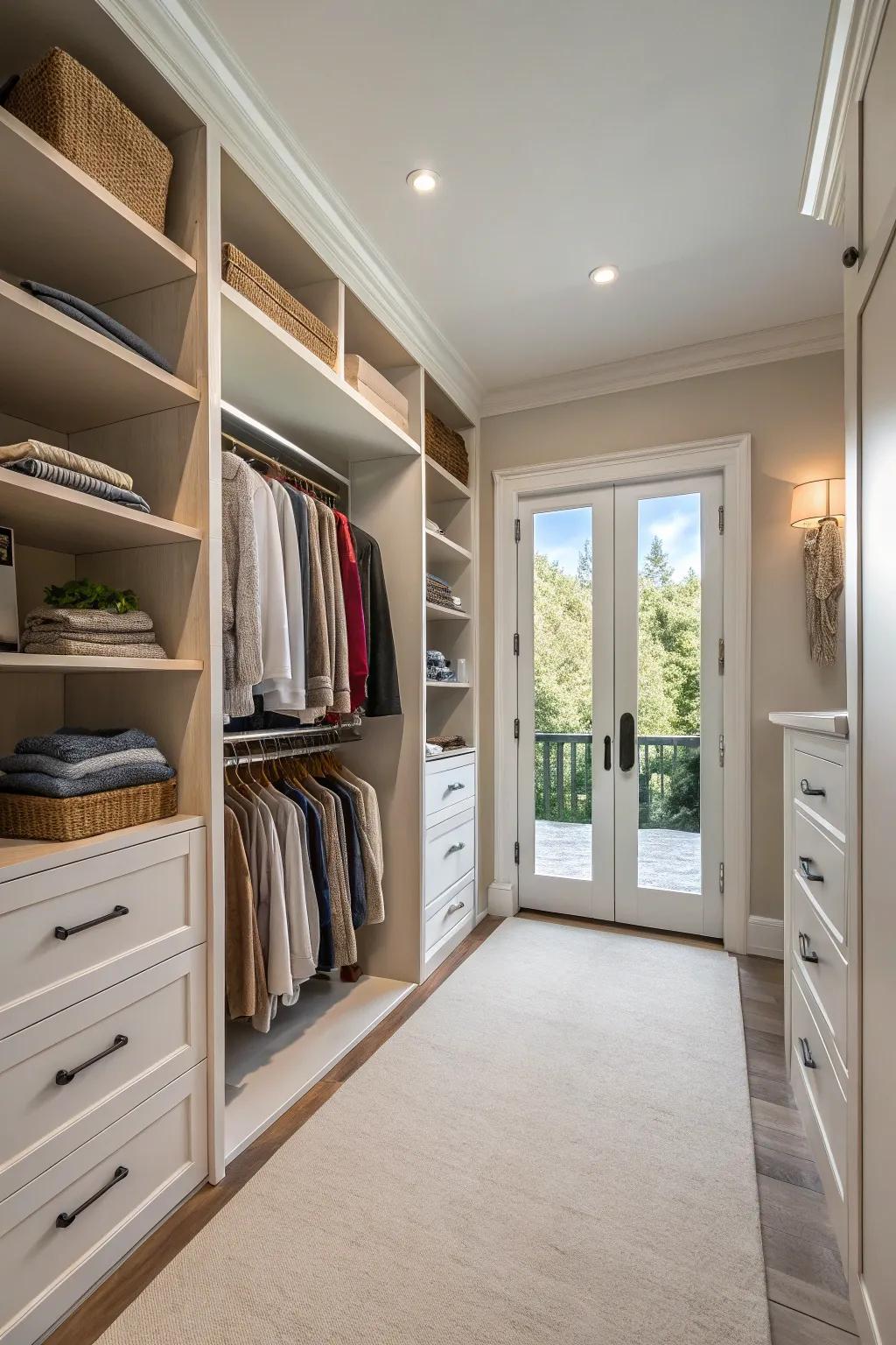 An airy walk-in closet featuring open shelving to promote a light and expansive atmosphere.