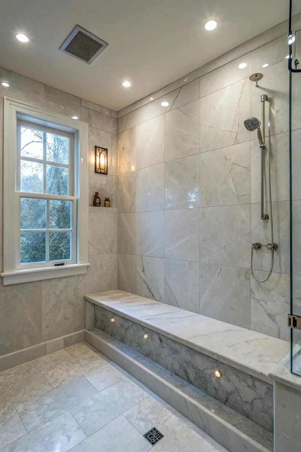 A seamless marble bench seamlessly integrated into the shower wall enhances both luxury and functionality.